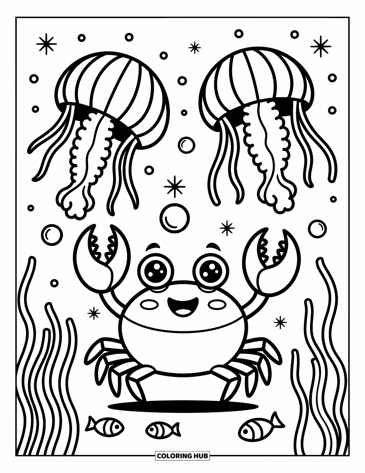 Krabben-Ausmalbild für Erwachsene: Eine fröhliche Krabbe hebt ihre Scheren, während leuchtende Quallen und verspielte Fische um sie herum schwimmen