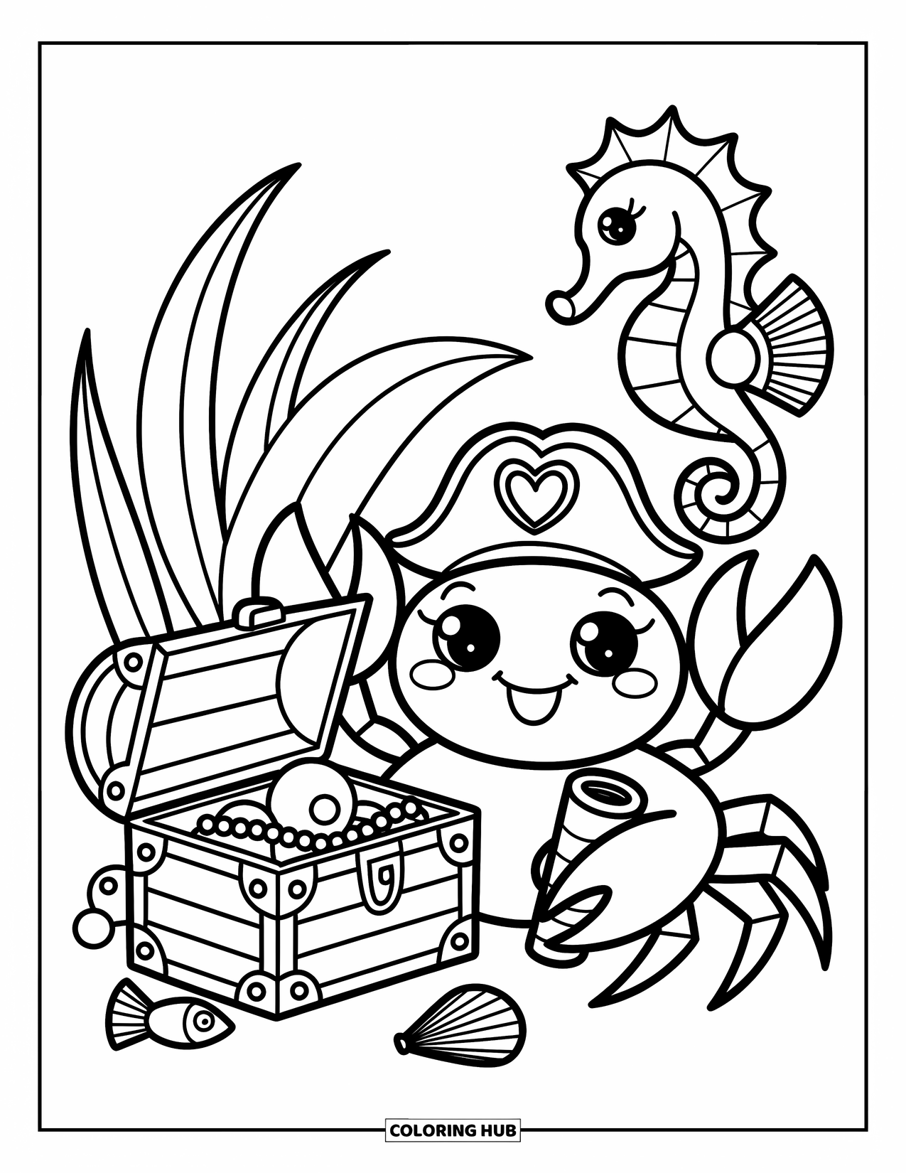 Krabben Ausmalbild für Erwachsene: Eine schelmische Krabbe mit Piratenhut sitzt neben einer Schatztruhe mit Meeresfreunden