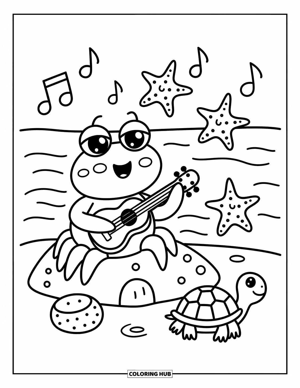 Krabben-Ausmalbild für Erwachsene: Eine musikalische Krabbe spielt auf einem Felsen mit tanzenden Seesternen und einer Schildkröte in der Nähe