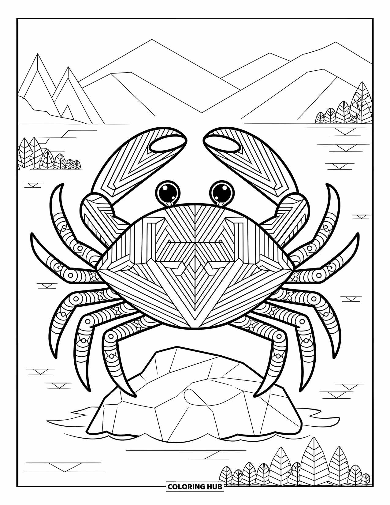 Krabben-Ausmalbild für Erwachsene: Eine gemusterte Krabbe ruht auf einem Felsen mit Bäumen, Wasser und Himmel im Hintergrund