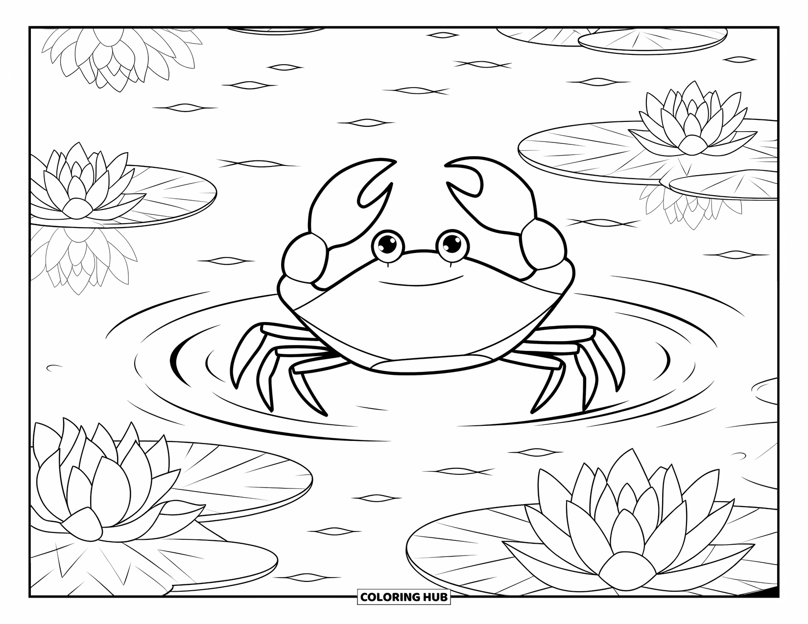 Krabben-Ausmalbild für Erwachsene: Eine friedliche Krabbe schwimmt zwischen Lotusblumen und sanften Wellen auf einem ruhigen See