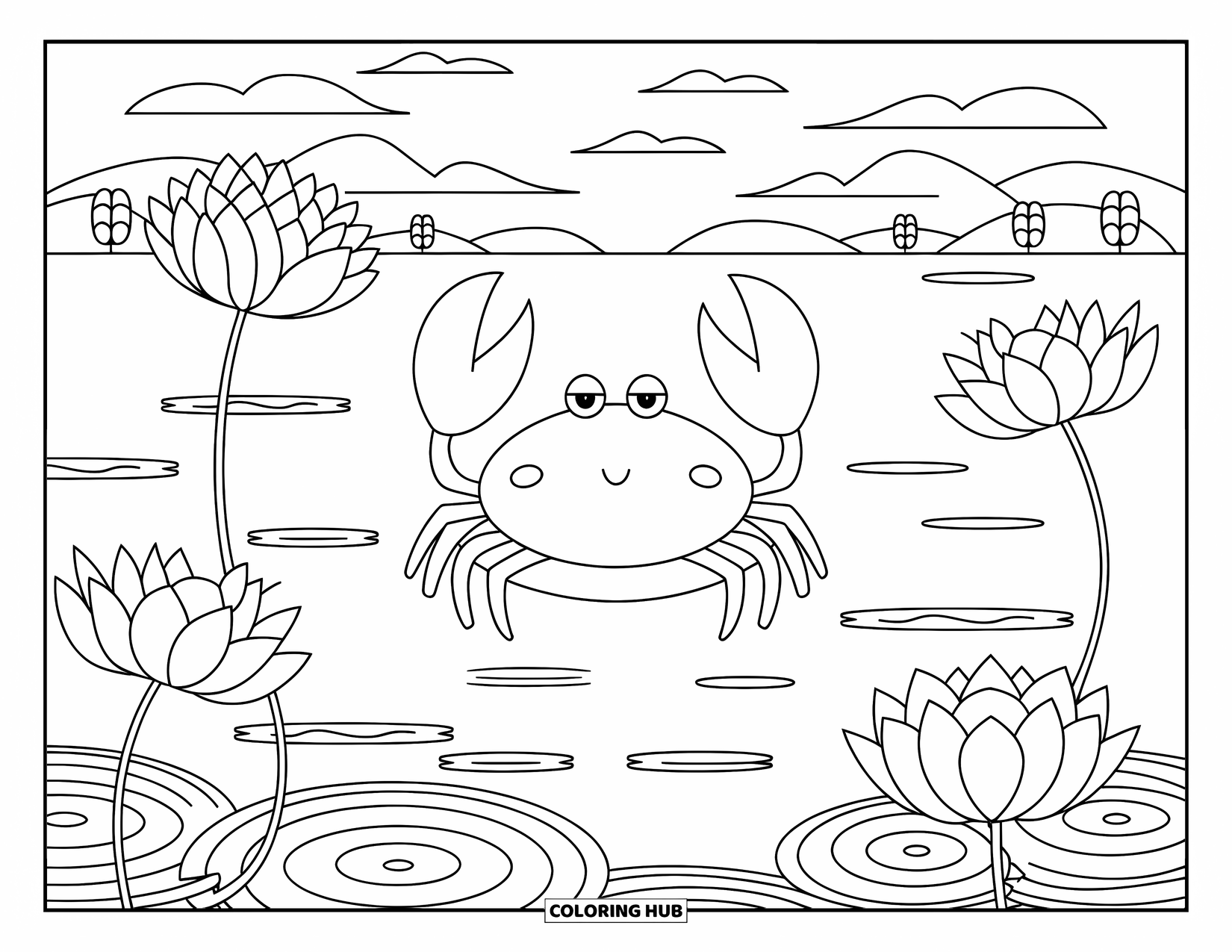 Krabben-Ausmalbild für Erwachsene: Eine friedliche Krabbe schwimmt mit Lotusblumen in einem ruhigen See mit Bergen in der Ferne