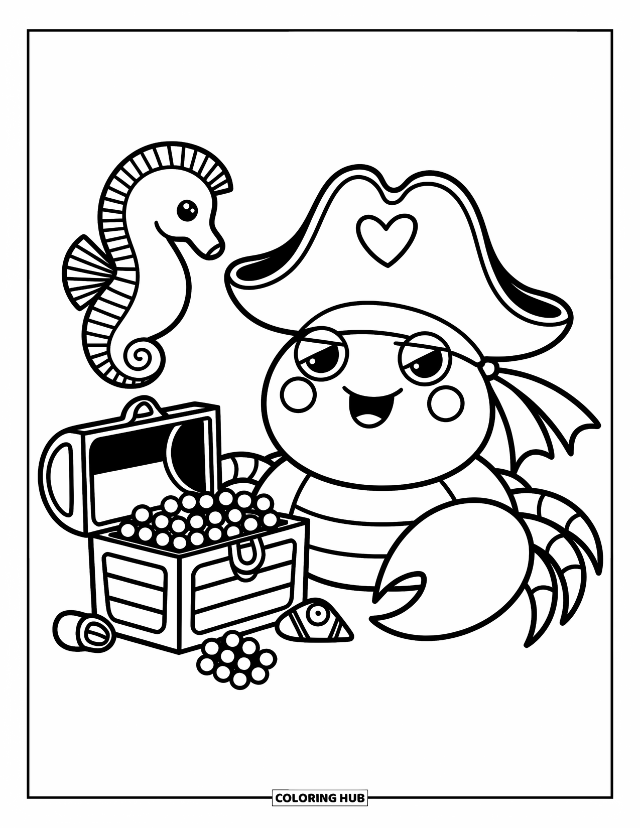 Krabben-Ausmalbild für Erwachsene: Eine stolze Krabbe mit einem Piratenhut bewacht eine Schatztruhe und wird von Seefreunden begleitet