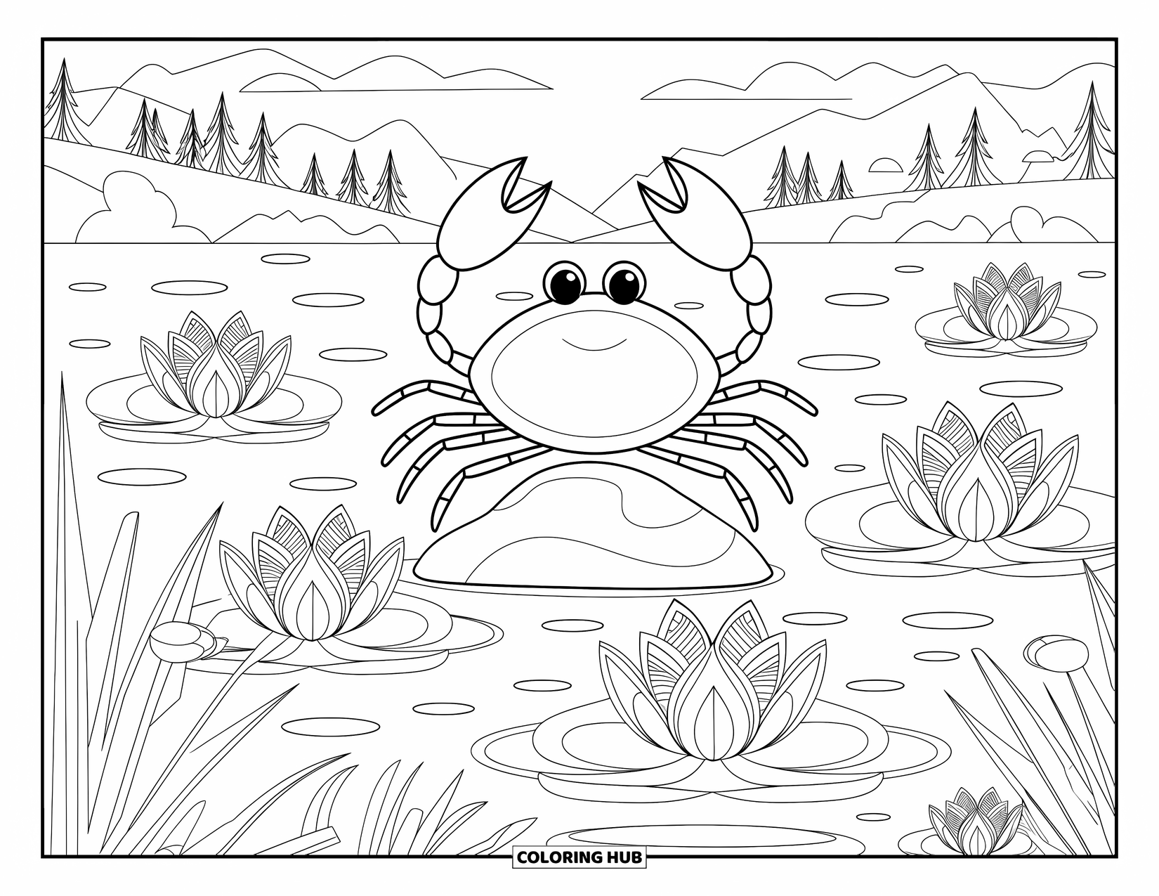 Krabben-Ausmalbild für Erwachsene: Eine entspannte Krabbe sitzt auf einem Felsen zwischen Lotusblüten und sanften Wasserwellen