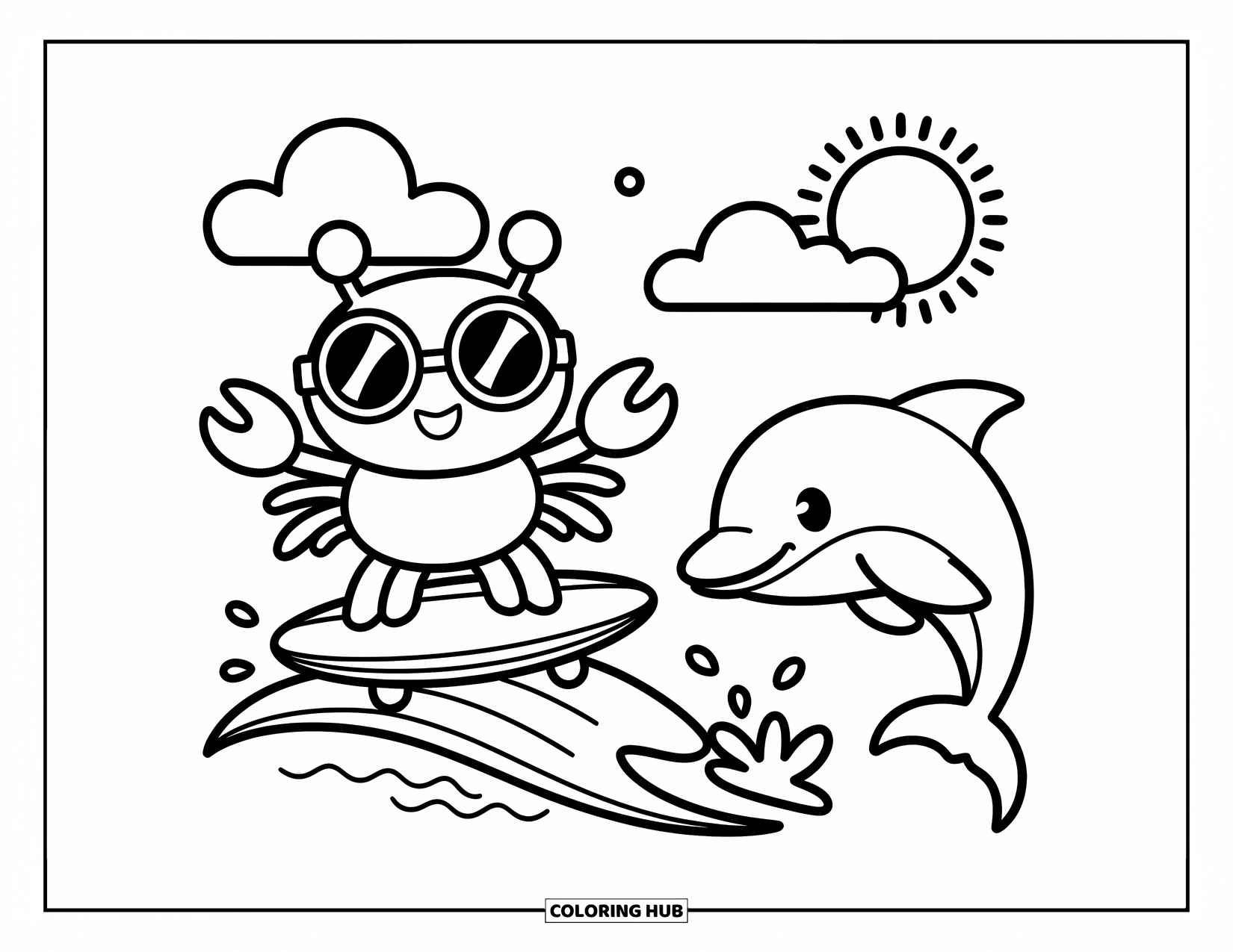 Krabben Ausmalbild für Erwachsene: Eine surfende Krabbe mit großer Sonnenbrille reitet auf Wellen mit einem Delfin unter einem sonnigen Himmel