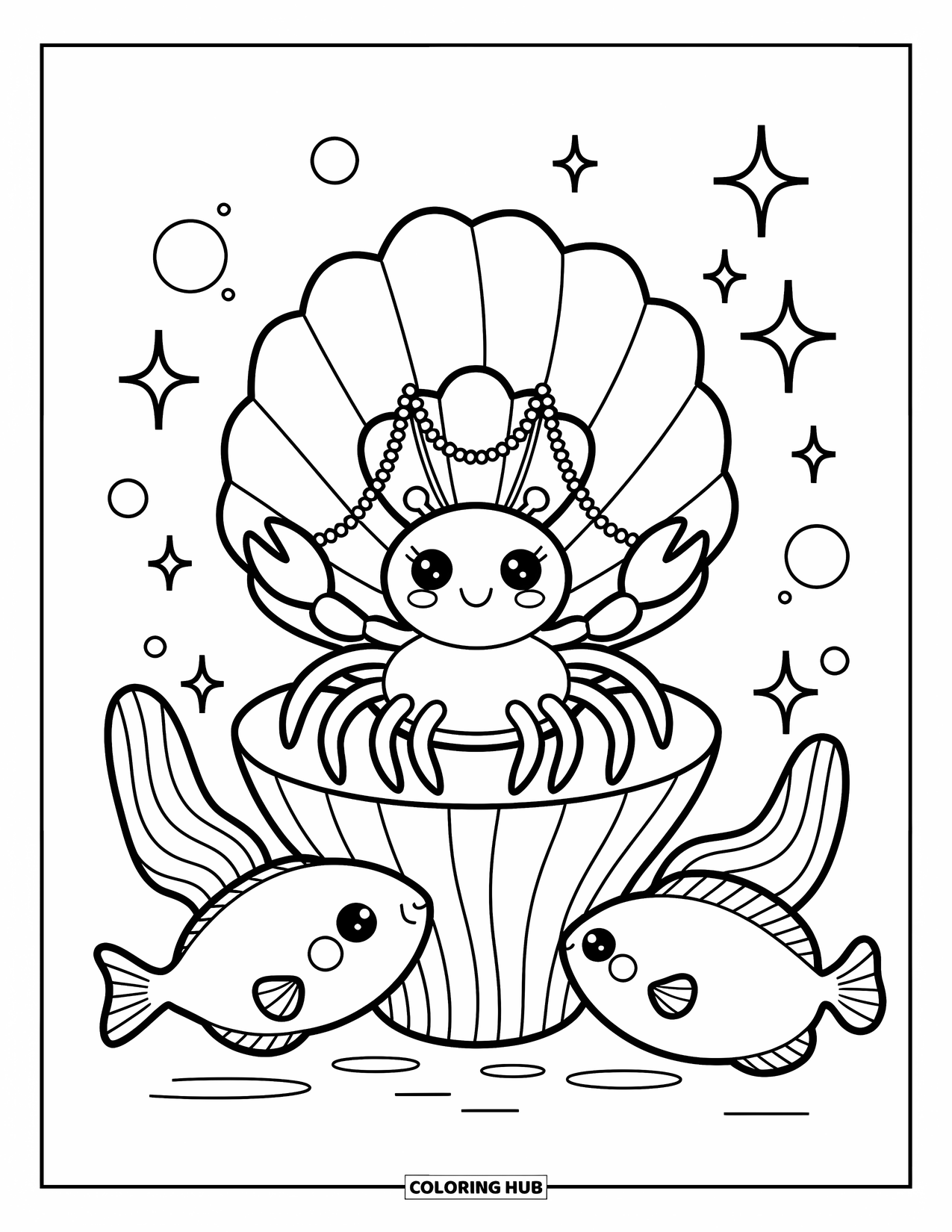 Krabben-Ausmalbild für Erwachsene: Eine winzige Krabbe sitzt wie ein König auf einem Korallen-Thron, während sich Fische in der Nähe verbeugen