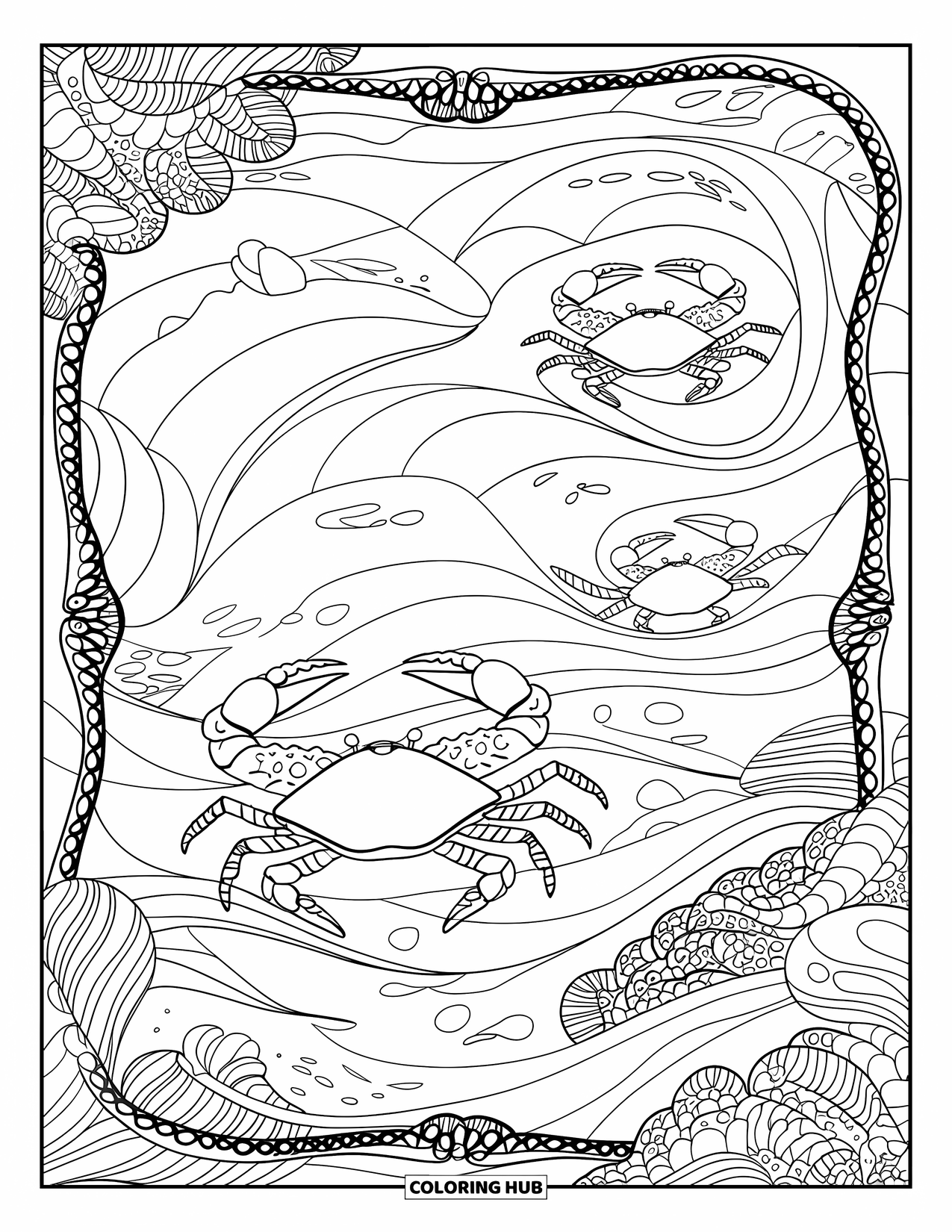 Krabben-Ausmalbild für Erwachsene: Krabben gleiten durch wellige Meere mit Seetang, Felsen und kunstvollen Mustern ringsum