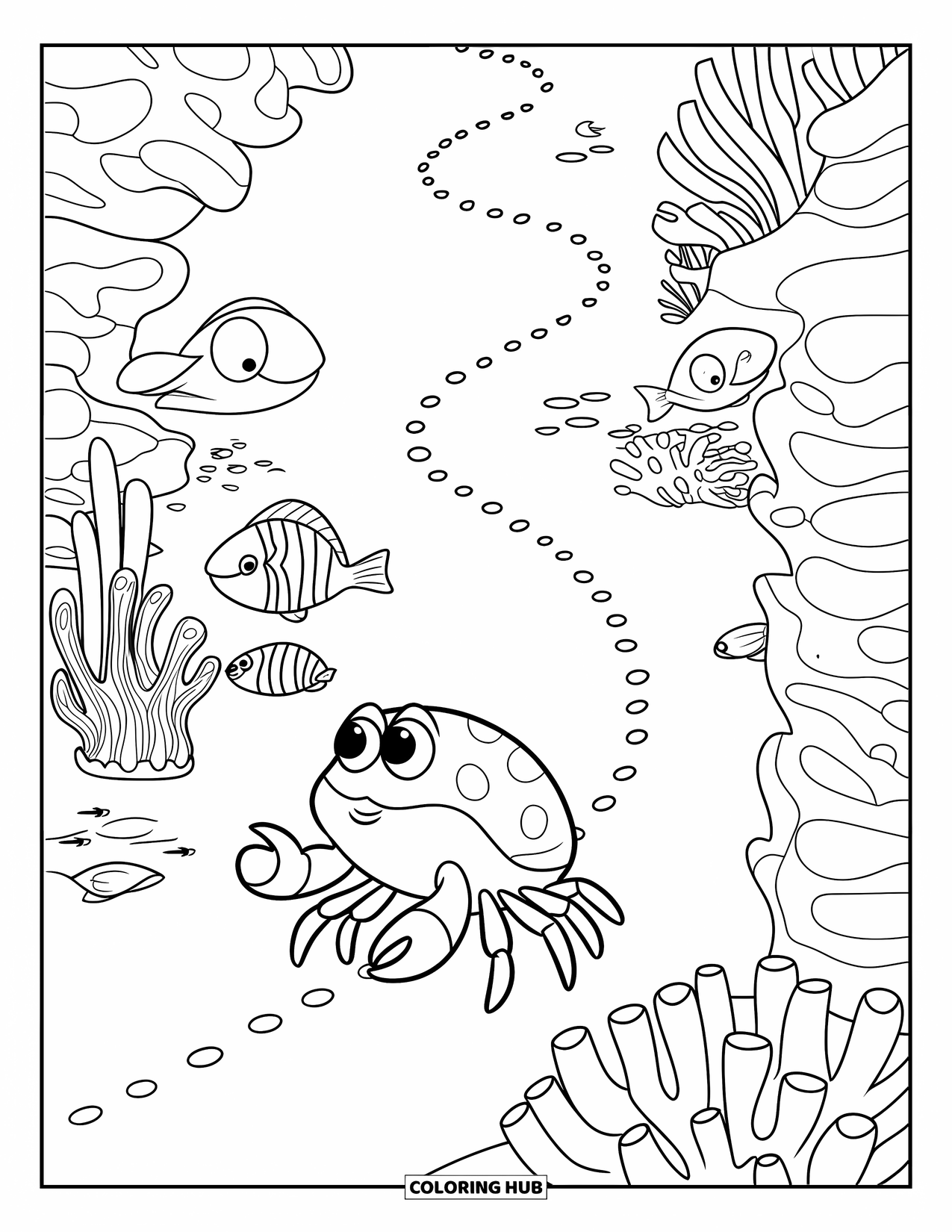 Krabben Ausmalbild für Kinder: Eine Babykrabbe folgt einem gepunkteten Pfad durch ein Korallenriff voller Leben