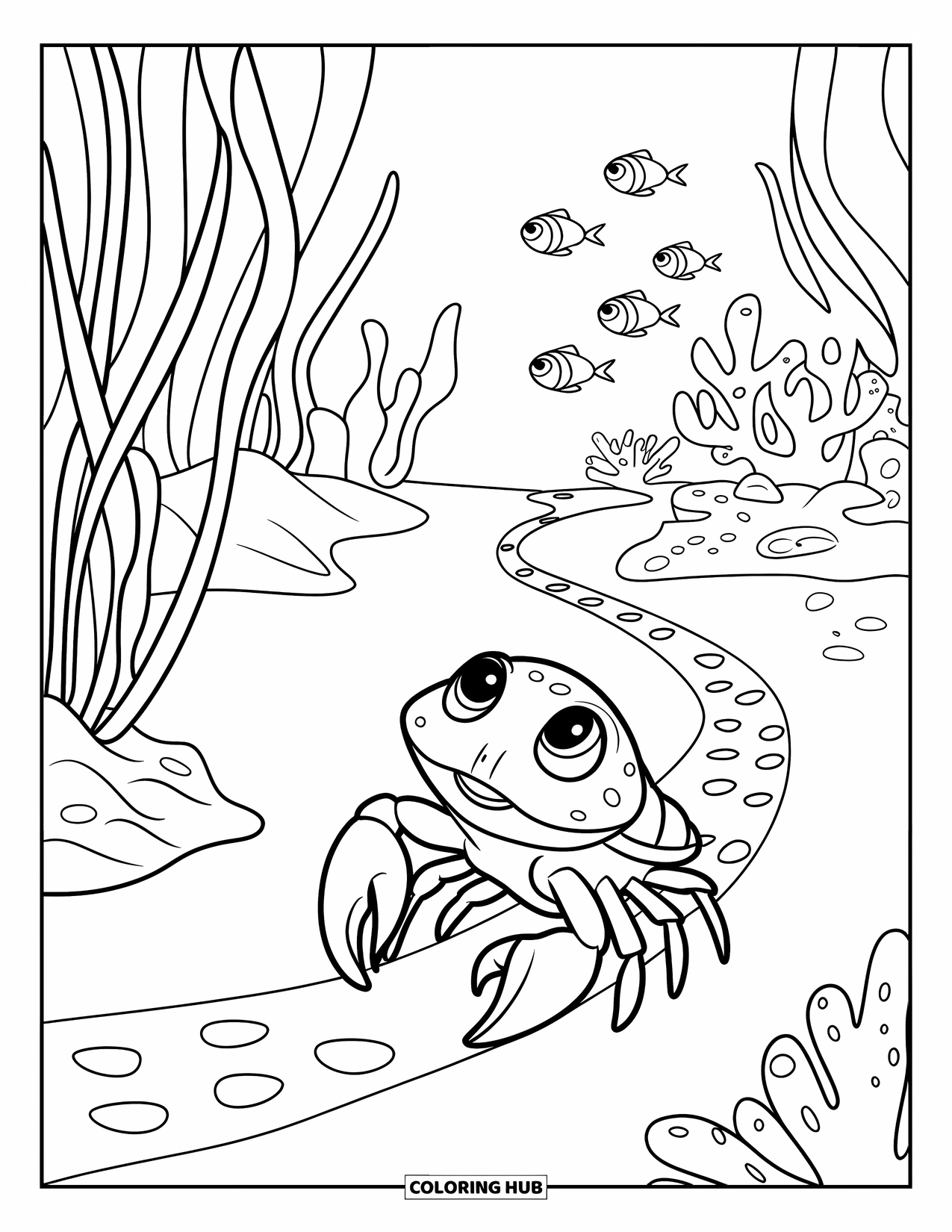 Krabben Ausmalbild für Kinder: Eine Babykrabbe folgt einem gepunkteten Pfad durch Algen zu ihrem gemütlichen Zuhause