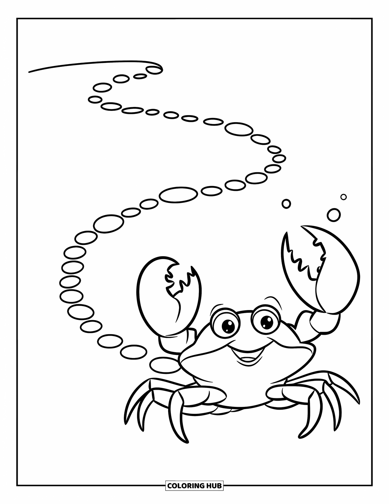 Krabben Ausmalbild für Kinder: Eine Babykrabbe mit großen Scheren folgt einer gepunkteten Linie zu ihrem Unterwasser-Zuhause