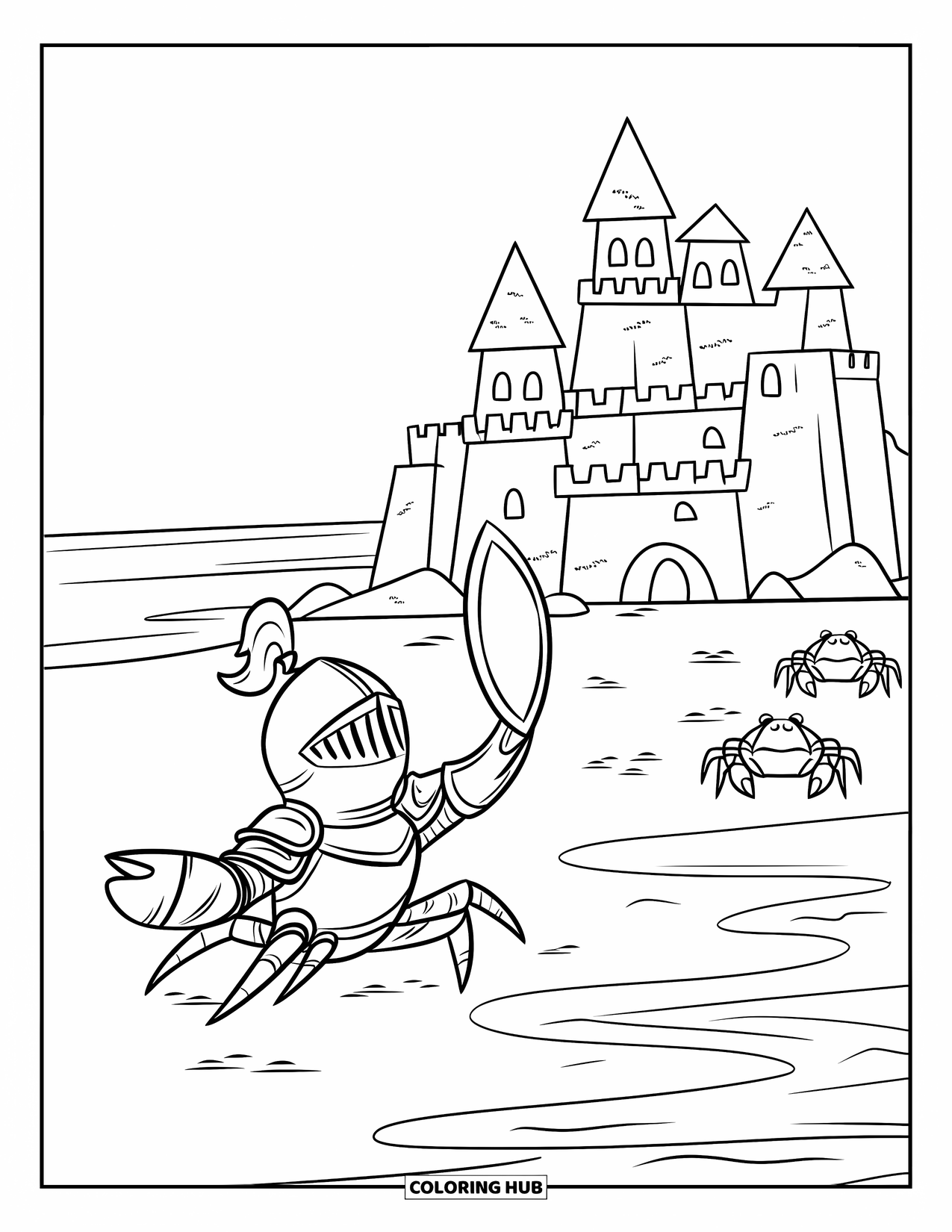 Krabben Ausmalbild für Kinder: Eine tapfere kleine Krabbe verteidigt eine Sandburgfestung mit winzigen Krabben in der Nähe