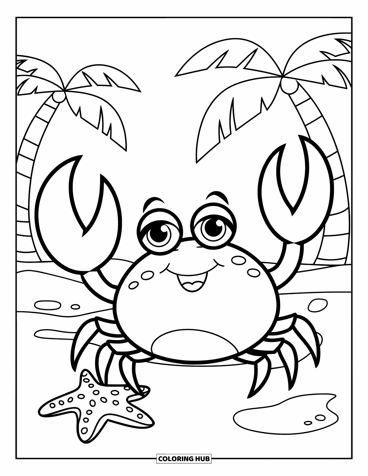 Krabben Ausmalbild für Kinder: Eine Cartoon-Krabbe winkt neben einem Seestern mit Palmen in der Ferne