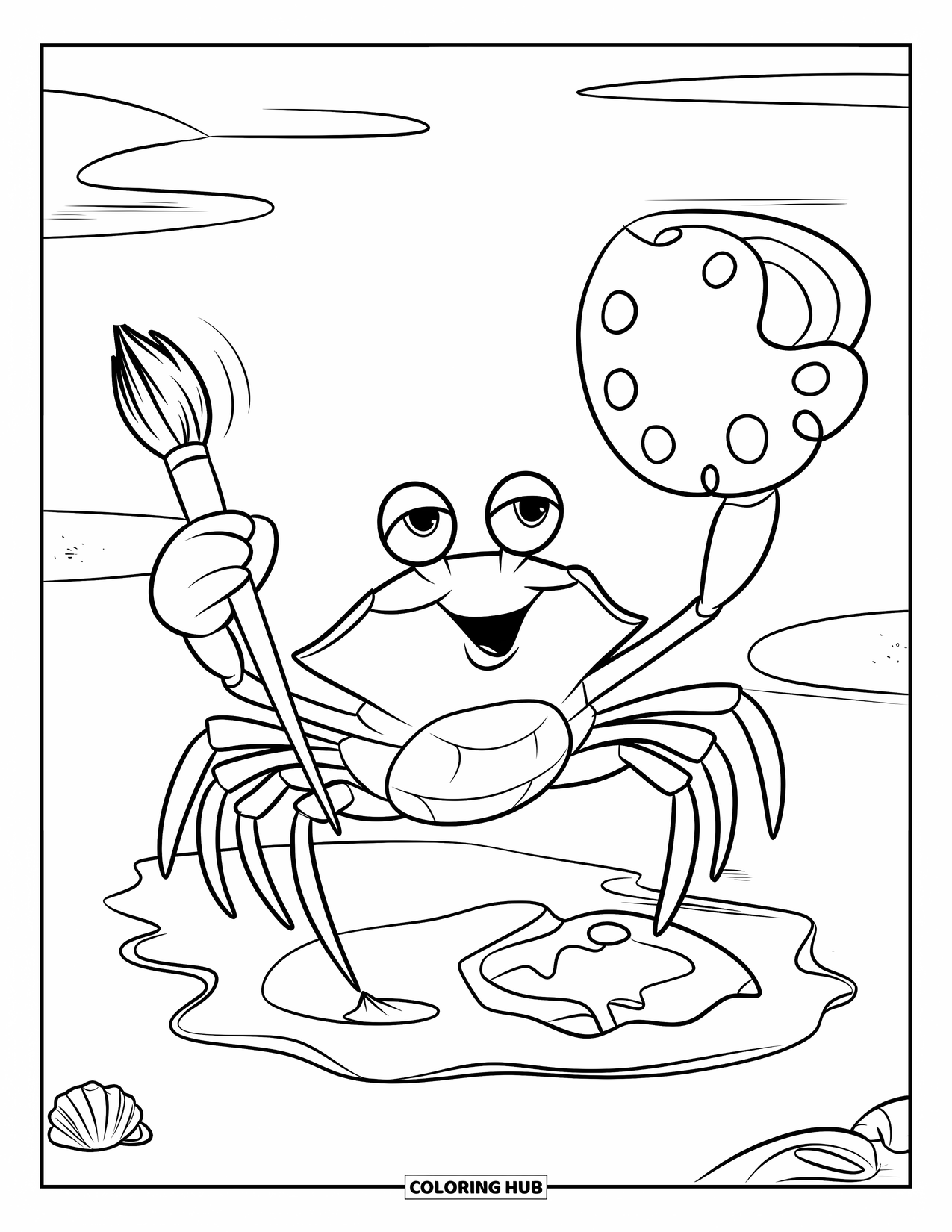 Krabben Ausmalbild für Kinder: Eine fröhliche Krabbe kreiert sandige Kunst in der Nähe ruhiger Strandwellen