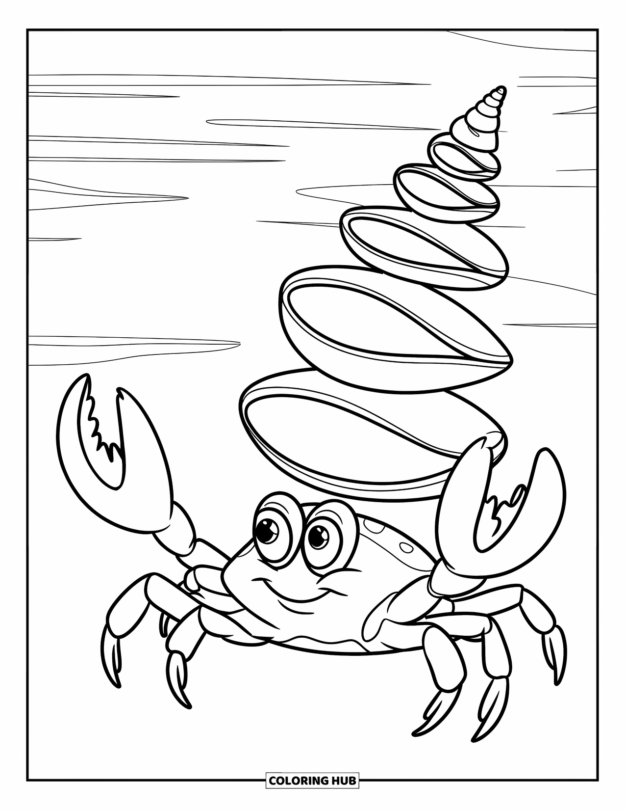 Krabben Ausmalbild für Kinder: Eine fröhliche Krabbe hält einen hohen Muschelstapel an einem friedlichen Ufer