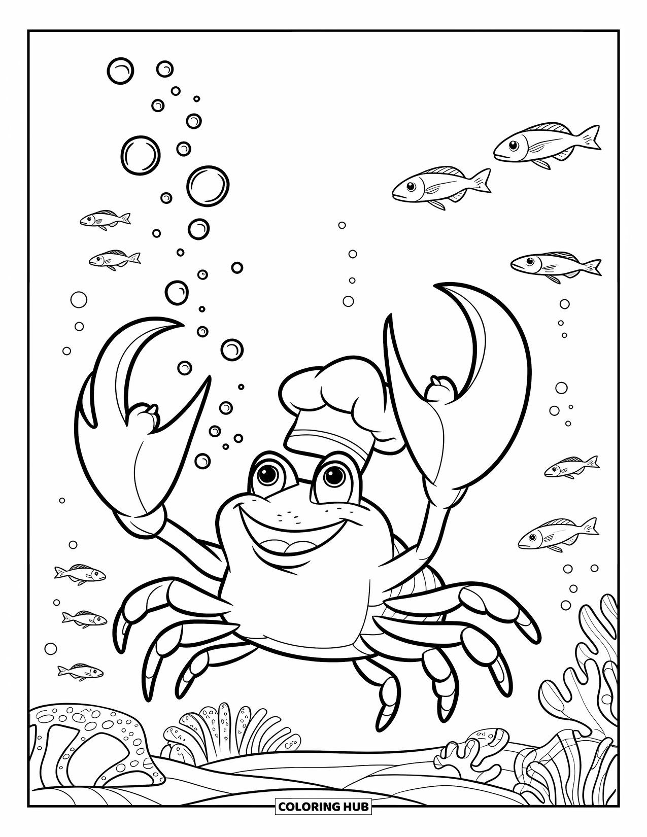 Krabben Ausmalbild für Kinder: Eine fröhliche Krabbe mit Kochmütze bläst Blasen in einem Korallenriff