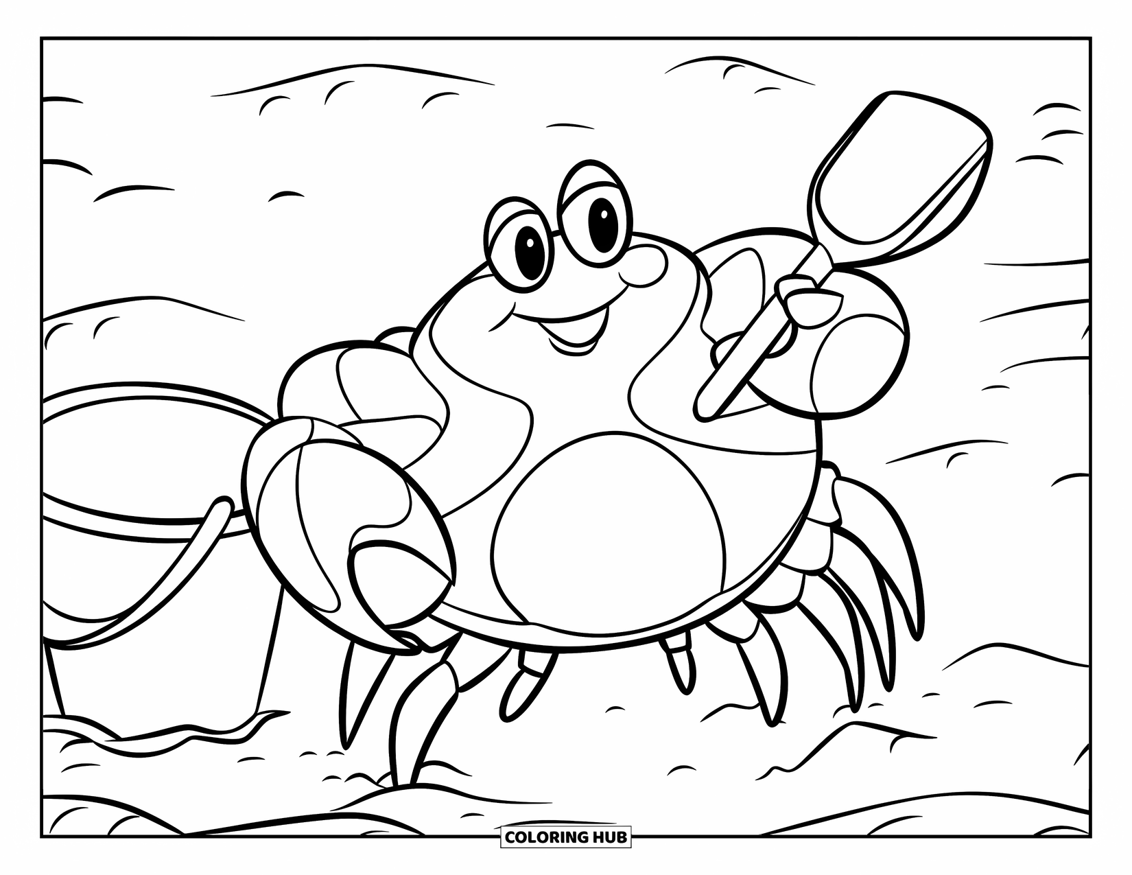 Krabben Ausmalbild für Kinder: Eine pummelige Krabbe steht in der Nähe eines Eimers und einer Schaufel, bereit, eine Burg zu bauen