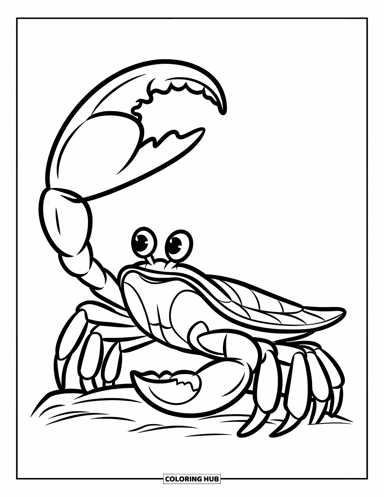 Krabben Ausmalbild für Kinder: Eine selbstbewusste Winkerkrabbe hebt ihre Schere hoch auf einem felsigen Vorsprung