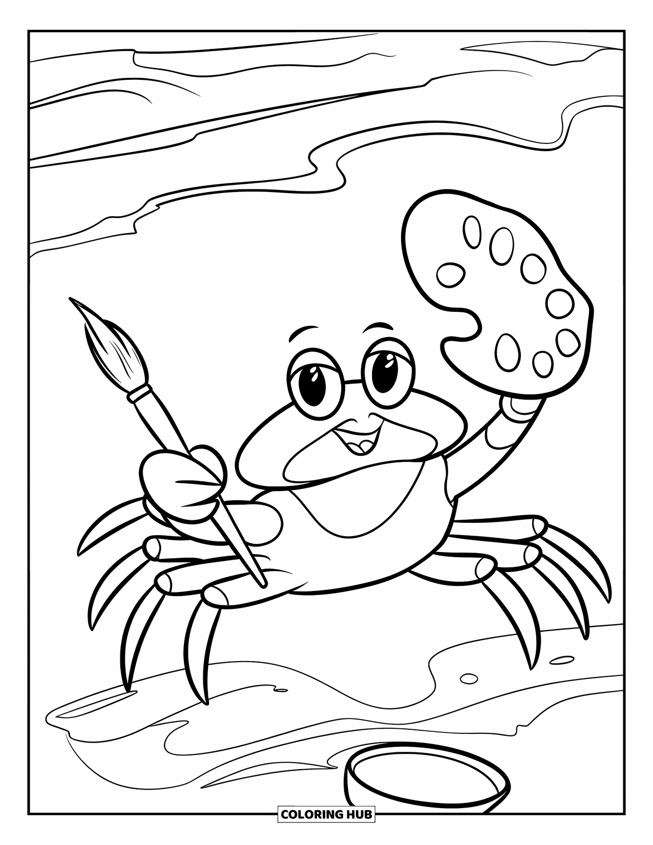 Krabben Ausmalbild für Kinder: Ein Krabbenkünstler malt mit einem Pinsel und einer Muschelpalette im Sand