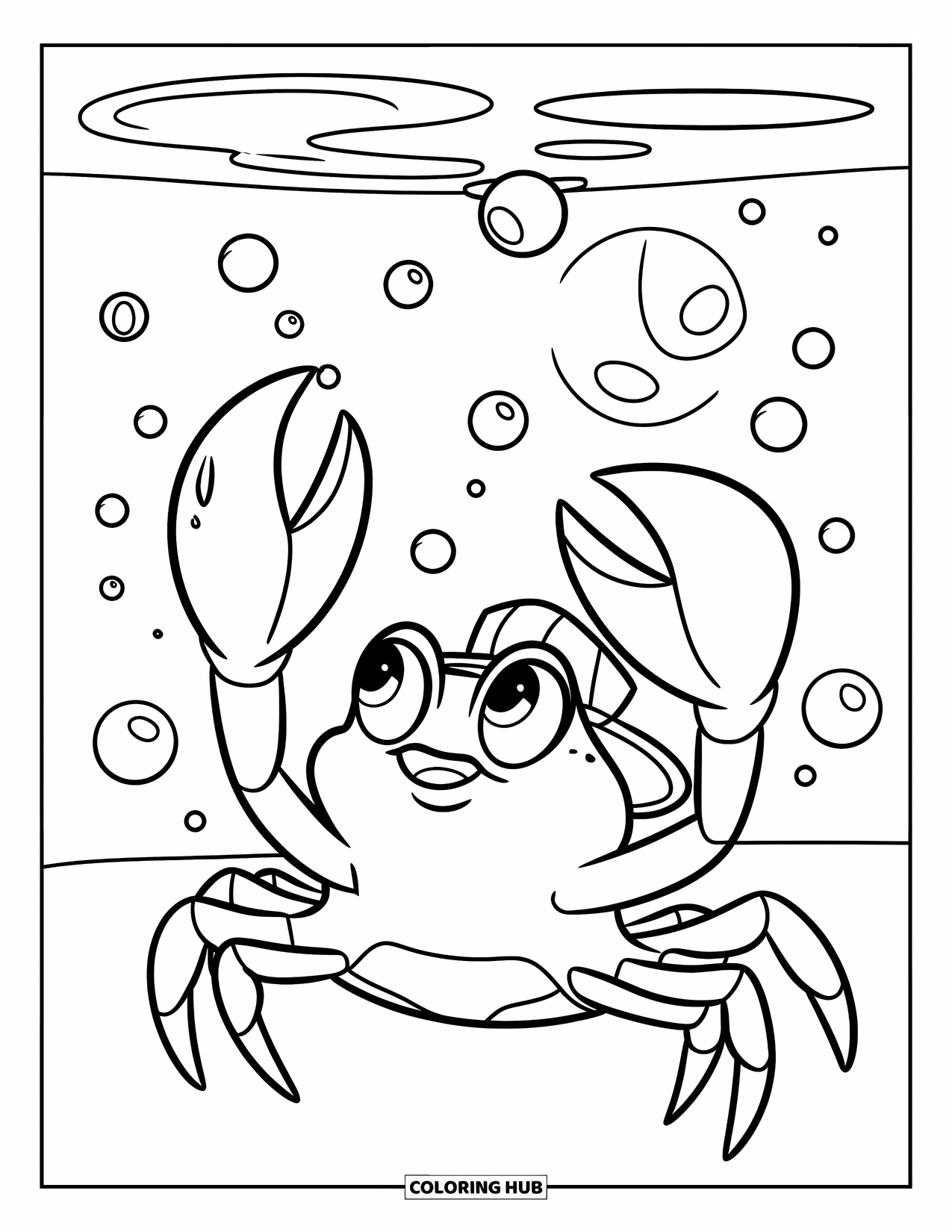 Krabben Ausmalbild für Kinder: Eine Krabbe bläst Unterwasser Blasen und beobachtet, wie sie glücklich aufsteigen