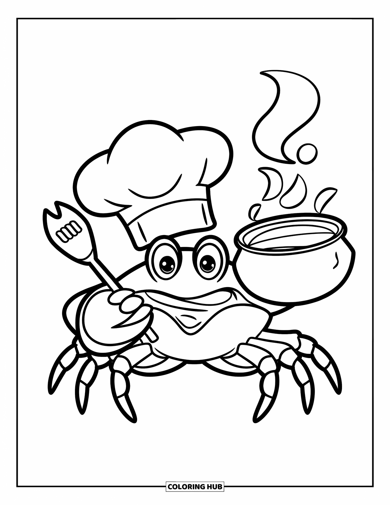 Krabben Ausmalbild für Kinder: Ein Krabbenkoch rührt in einem dampfenden Topf, während er einen Pfannenwender in seiner Schere hält