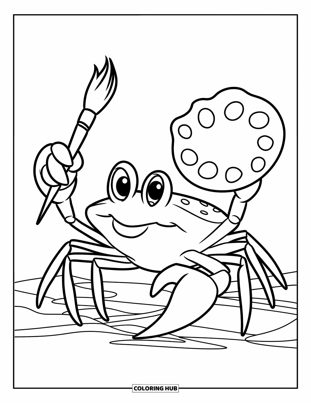 Krabben Ausmalbild für Kinder: Eine Krabbe hält einen Pinsel und eine Muschelpalette und malt glücklich im Sand