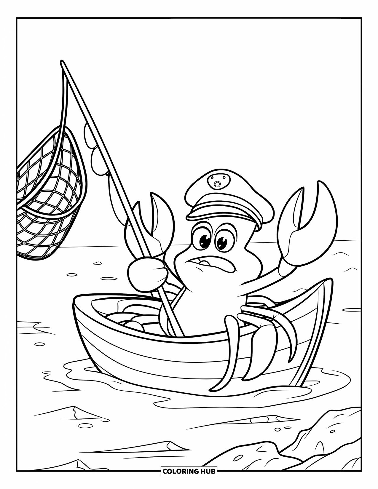 Krabben Ausmalbild für Kinder: Eine Krabbe in einem Boot hält ein Fischernetz und schaut überrascht