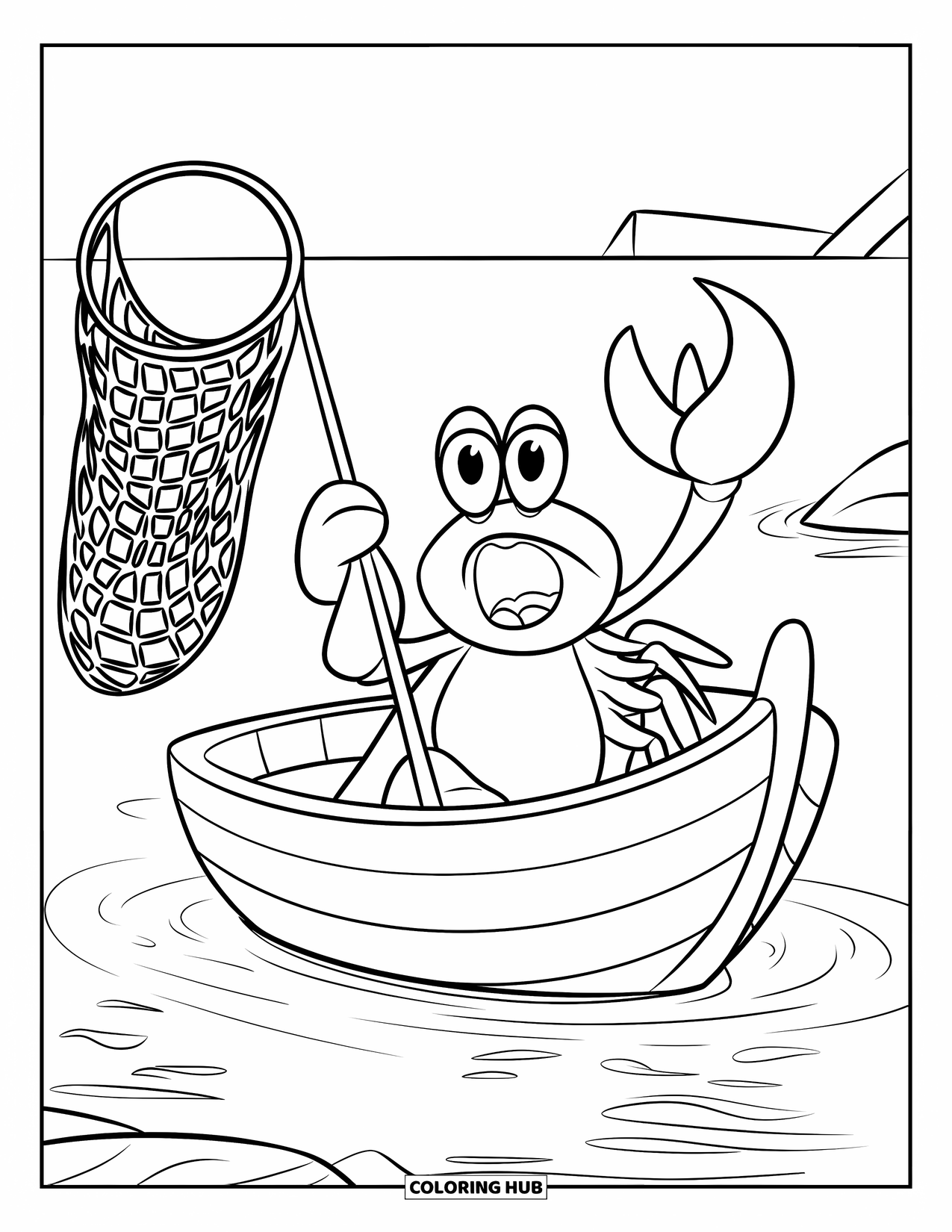 Krabben Ausmalbild für Kinder: Eine Krabbe mit Kapitänsmütze hält ein Netz und schnappt in einem winzigen Boot nach Luft