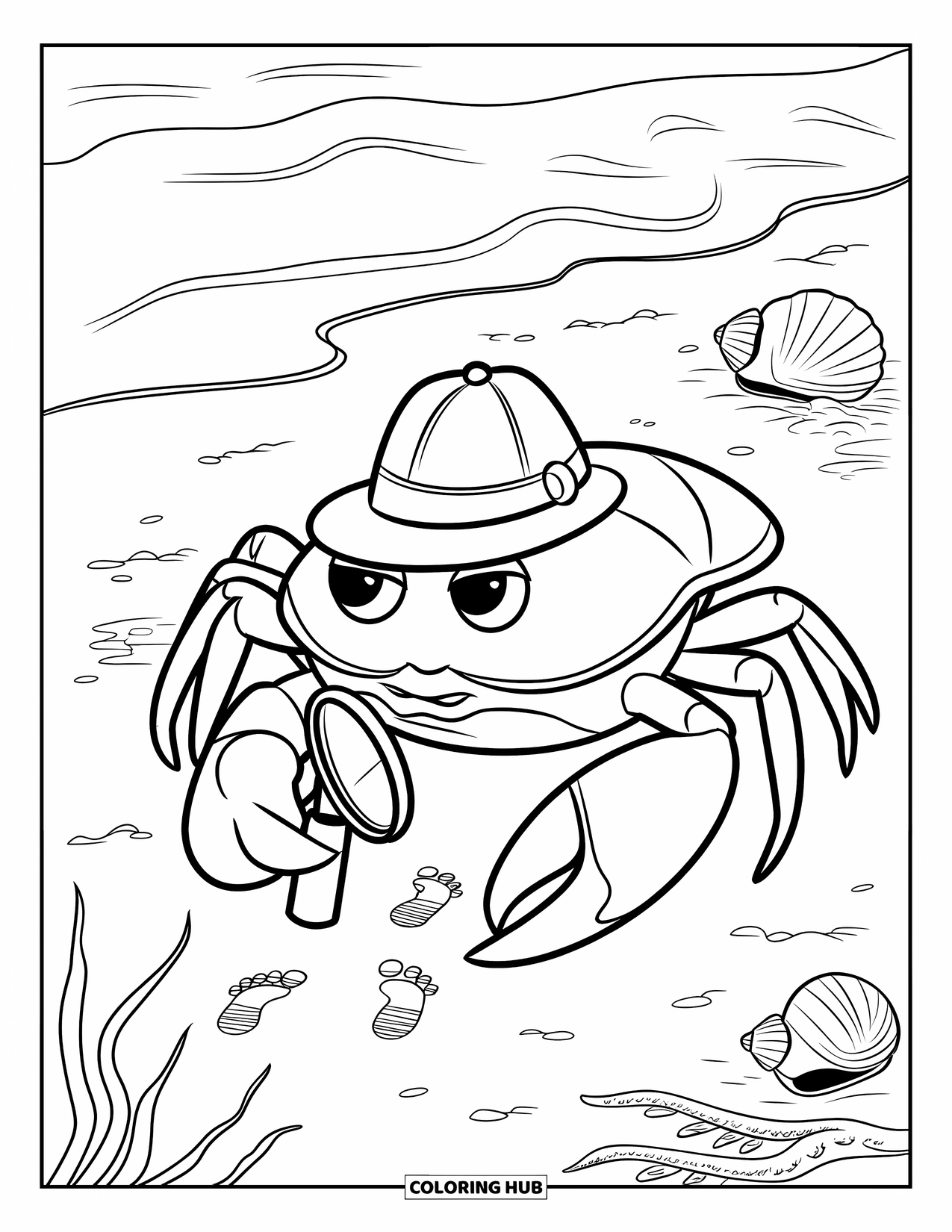 Krabben Ausmalbild für Kinder: Eine Krabbe mit Detektivhut untersucht Fußabdrücke in der Nähe von Wellen und Muscheln