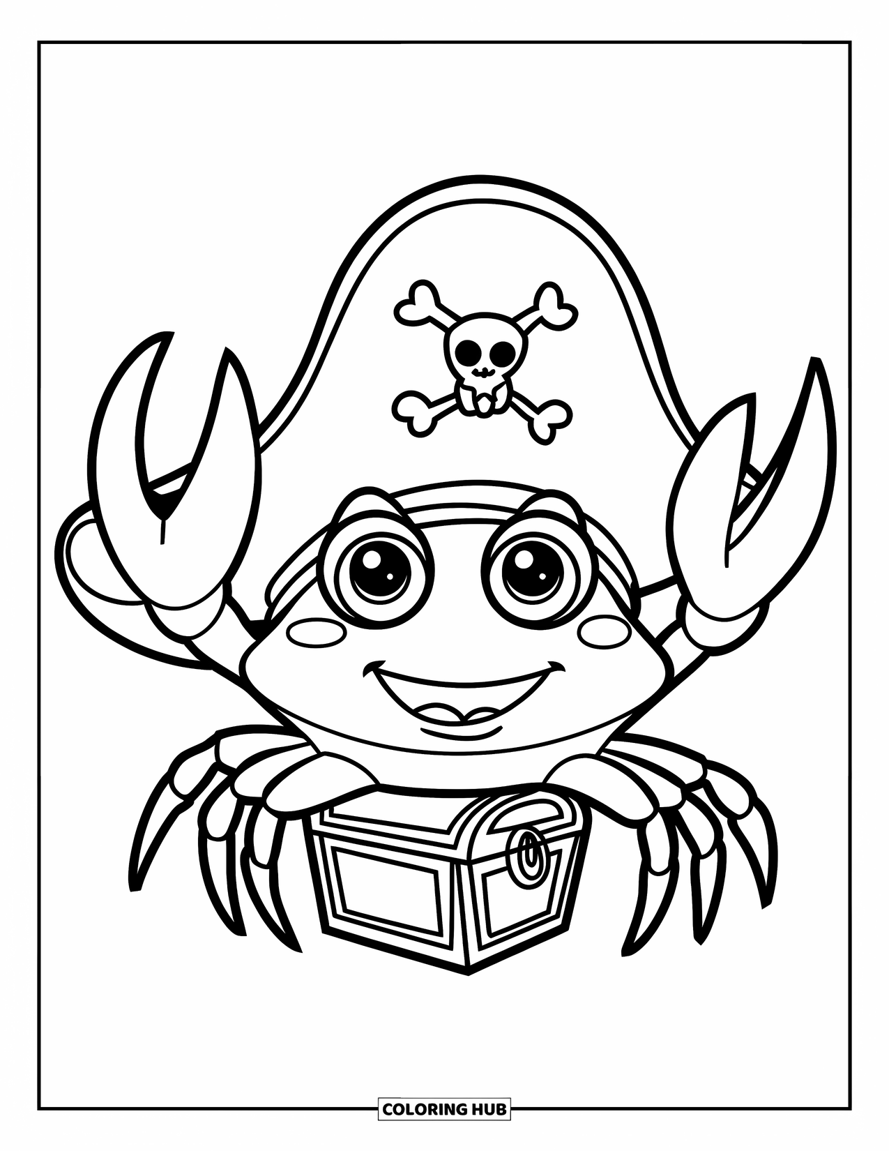 Krabben Ausmalbild für Kinder: Eine Krabbe mit Piratenhut steht stolz auf einer winzigen Schatztruhe