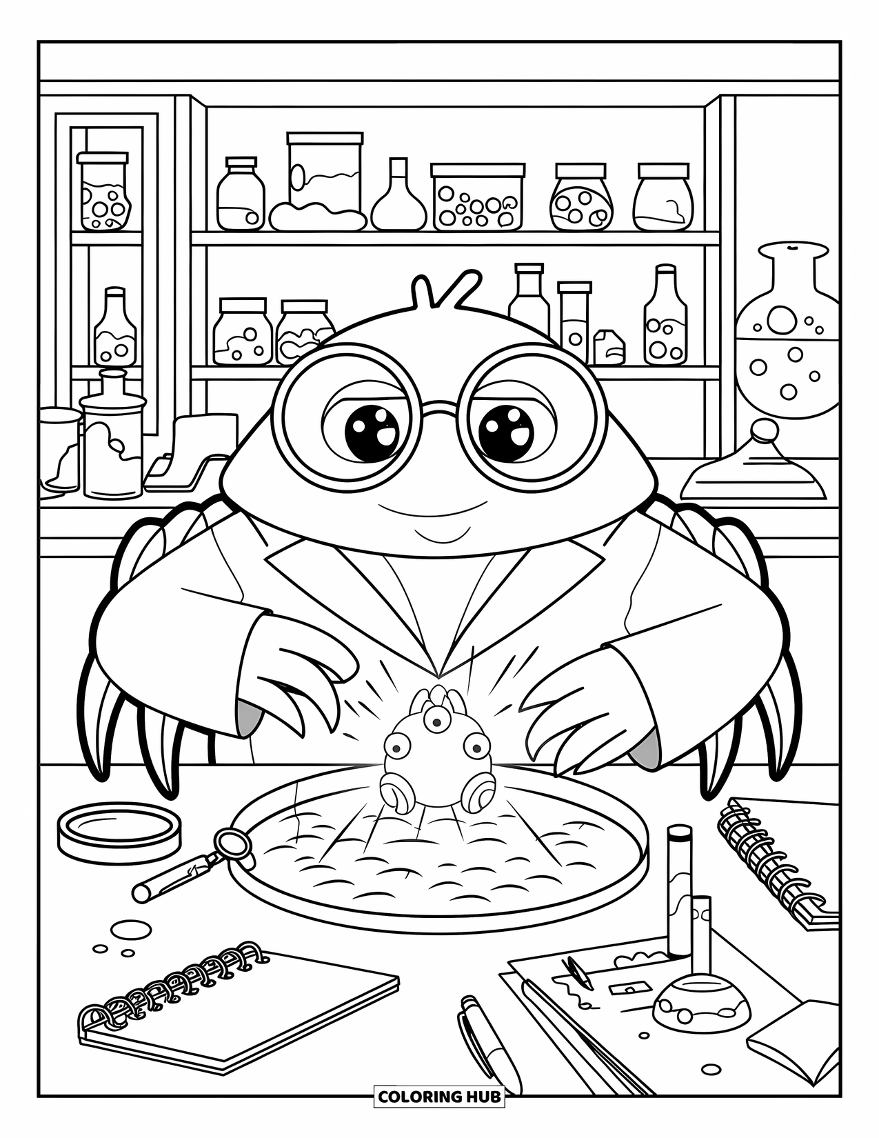 Krabben Ausmalbild für Kinder: Ein Krabbenwissenschaftler sitzt an einem Labortisch und untersucht einen leuchtenden Gegenstand aus dem Meer