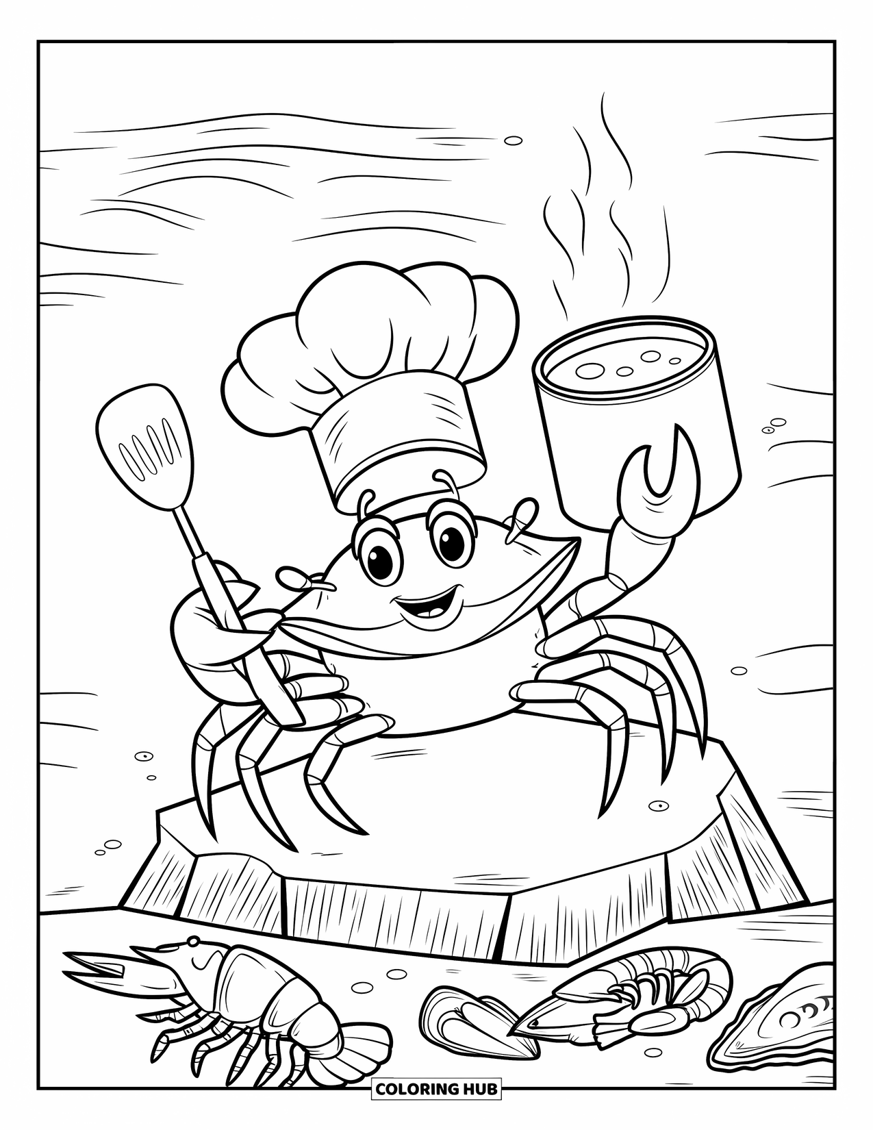 Krabben Ausmalbild für Kinder: Eine Krabbe mit Kochmütze bereitet Meeresfrüchte auf einem Felsen im Meer zu