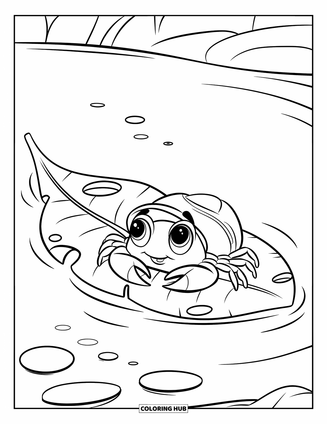 Krabben Ausmalbild für Kinder: Eine Krabbe mit einem Hut macht ein Nickerchen auf einem treibenden Blatt, umgeben von Blasen