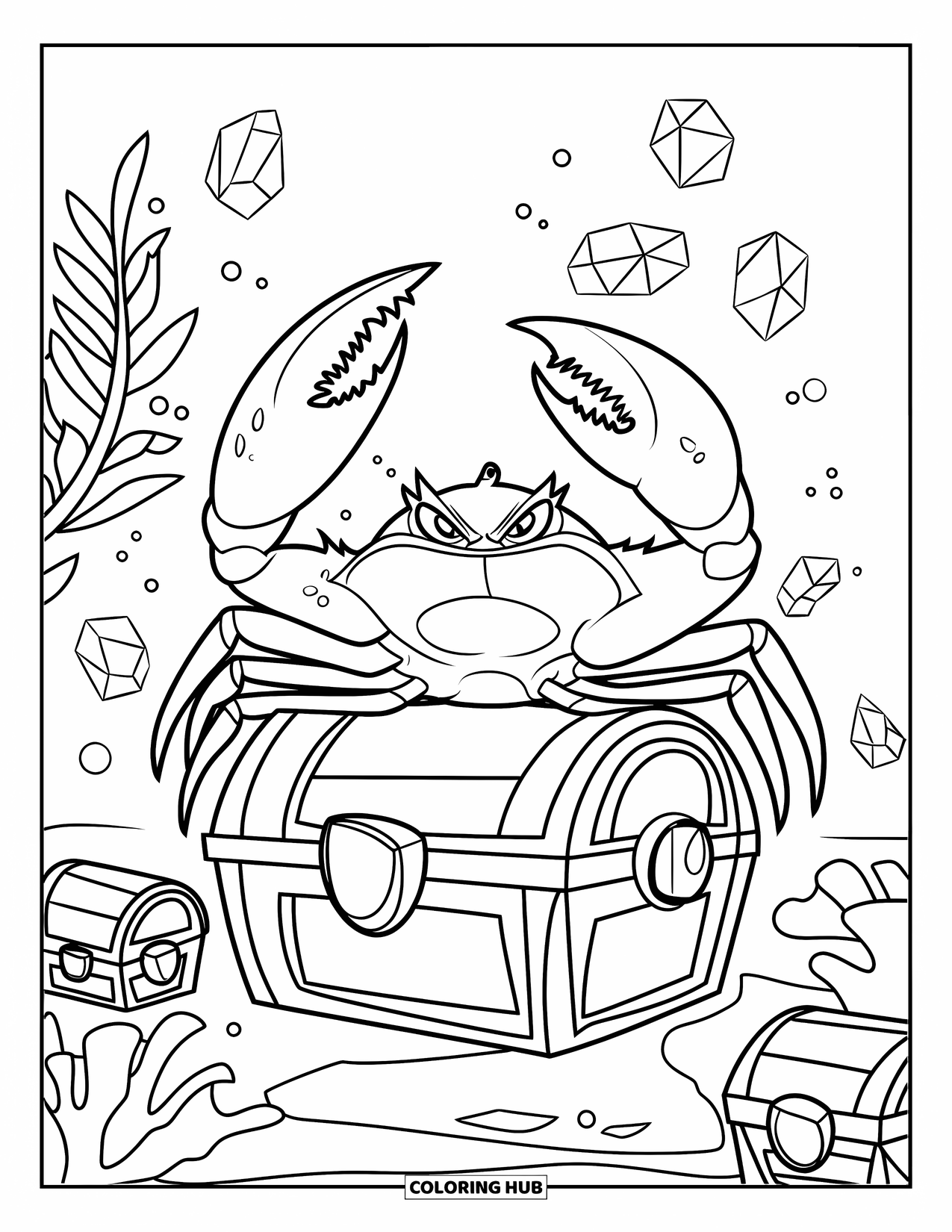 Krabben Ausmalbild für Kinder: Eine Krabbe mit großen Scheren steht auf einem Schatz, umgeben von glänzenden Unterwasser-Edelsteinen