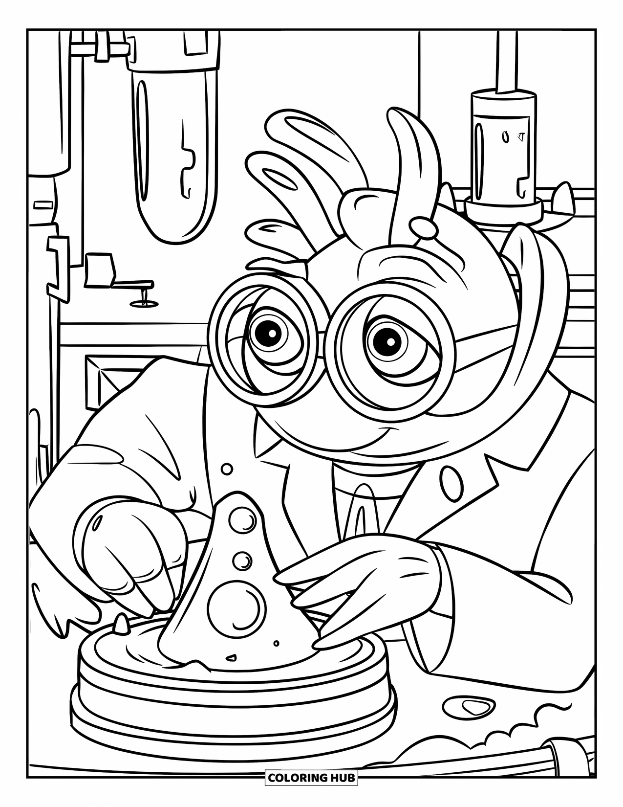 Krabben Ausmalbild für Kinder: Ein neugieriger Krabbenwissenschaftler studiert einen seltsamen leuchtenden Fund in einem Unterwasserlabor