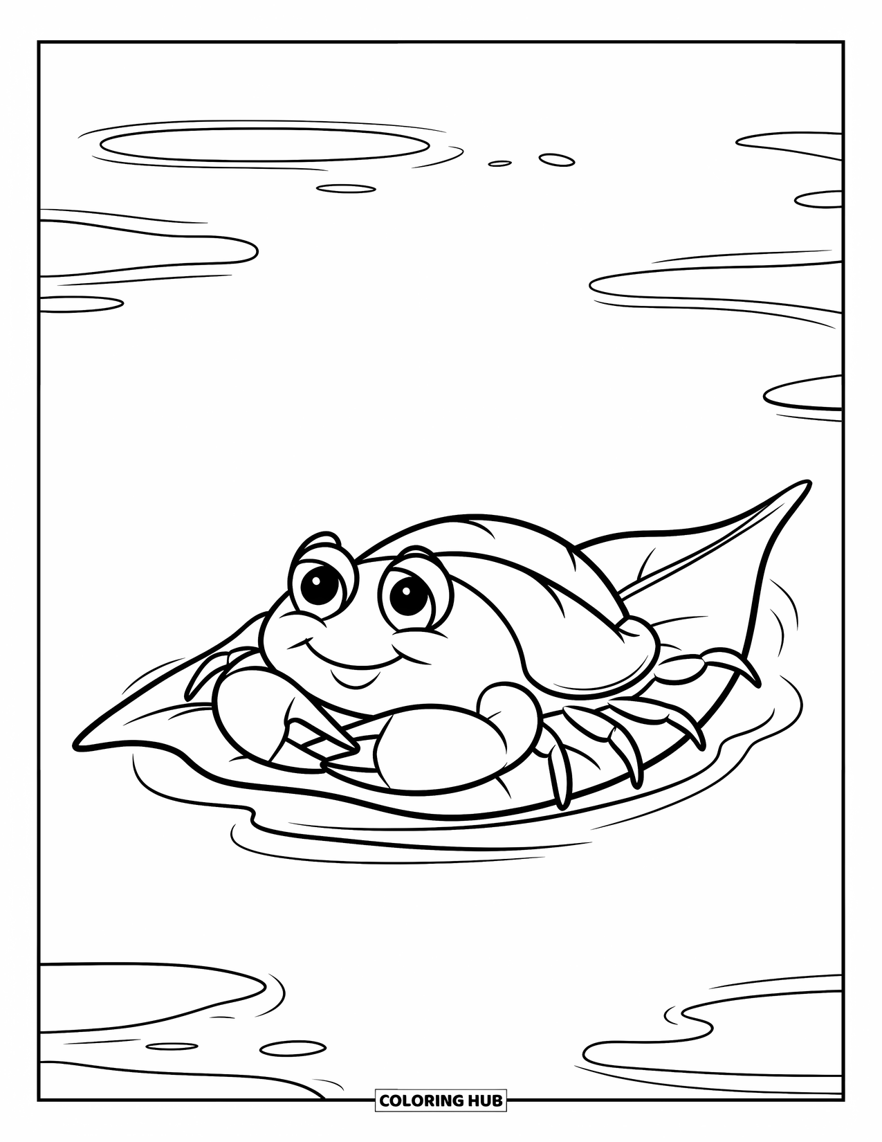 Krabben Ausmalbild für Kinder: Eine süße Krabbe treibt friedlich auf einem Blatt, das über ruhiges Wasser treibt