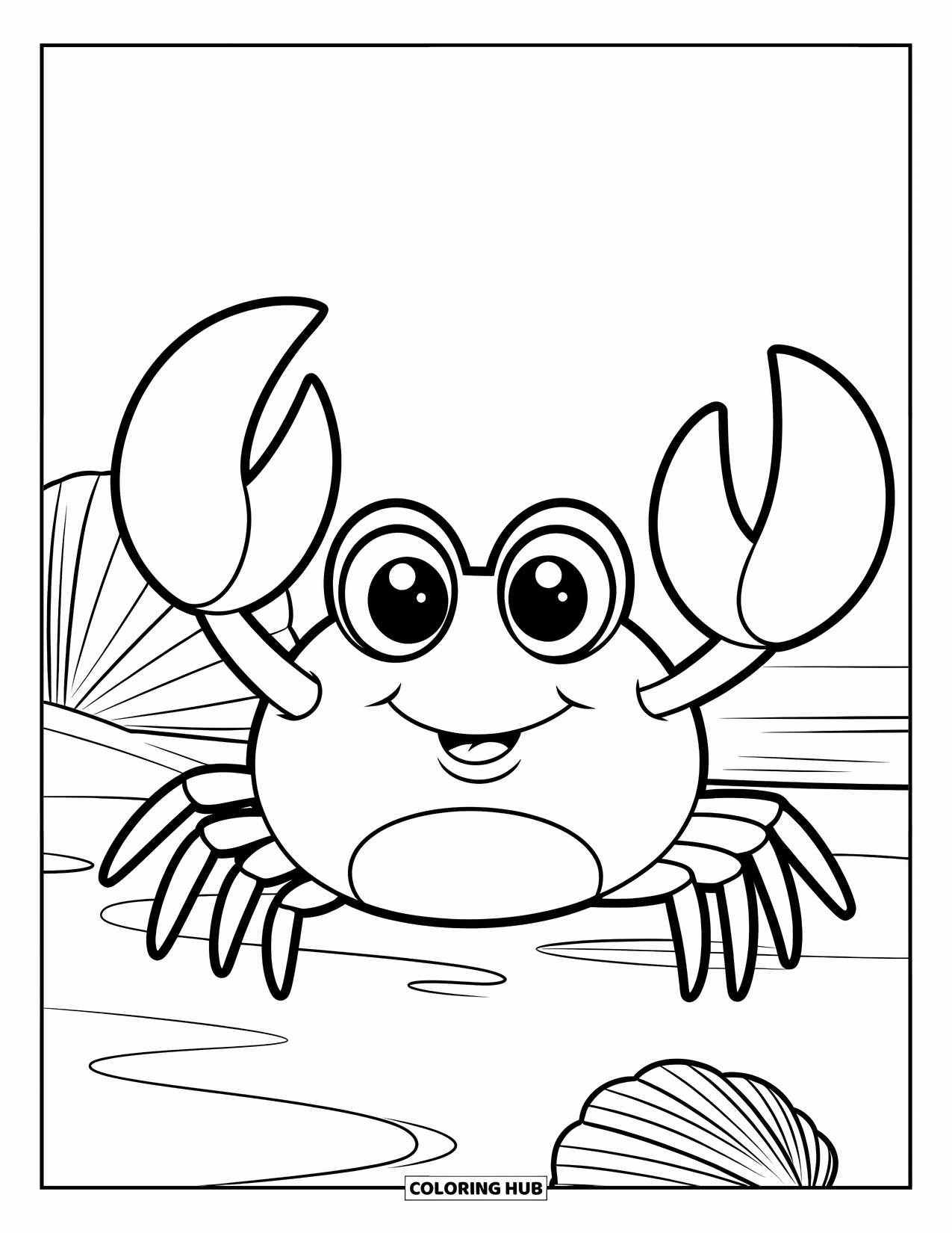 Krabben Ausmalbild für Kinder: Eine süße Krabbe mit großen Augen winkt mit ihren Scheren an einem Strand mit Muscheln