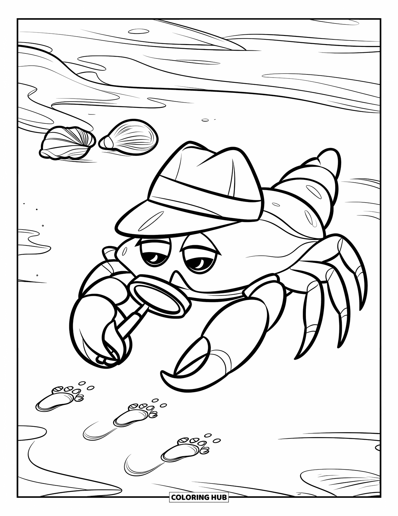 Krabben Ausmalbild für Kinder: Eine Detektivkrabbe verwendet eine Lupe, um winzige Abdrücke im Sand zu untersuchen