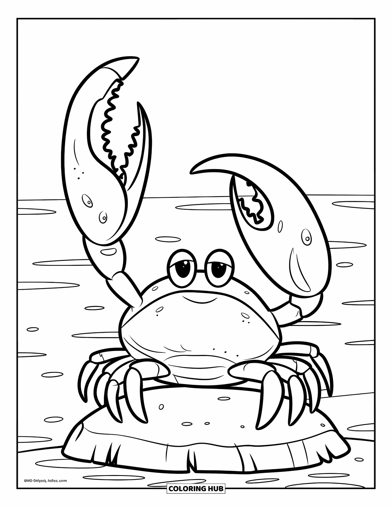 Krabben Ausmalbild für Kinder: Eine Winkerkrabbe posiert kühn auf einem Felsen über den sanften Wellen