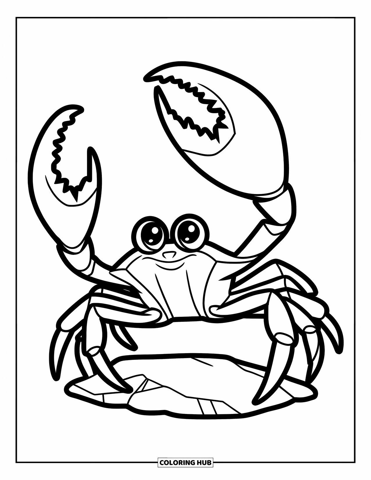 Krabben Ausmalbild für Kinder: Eine Winkerkrabbe winkt stolz mit ihrer riesigen Schere von einem kleinen Felsen