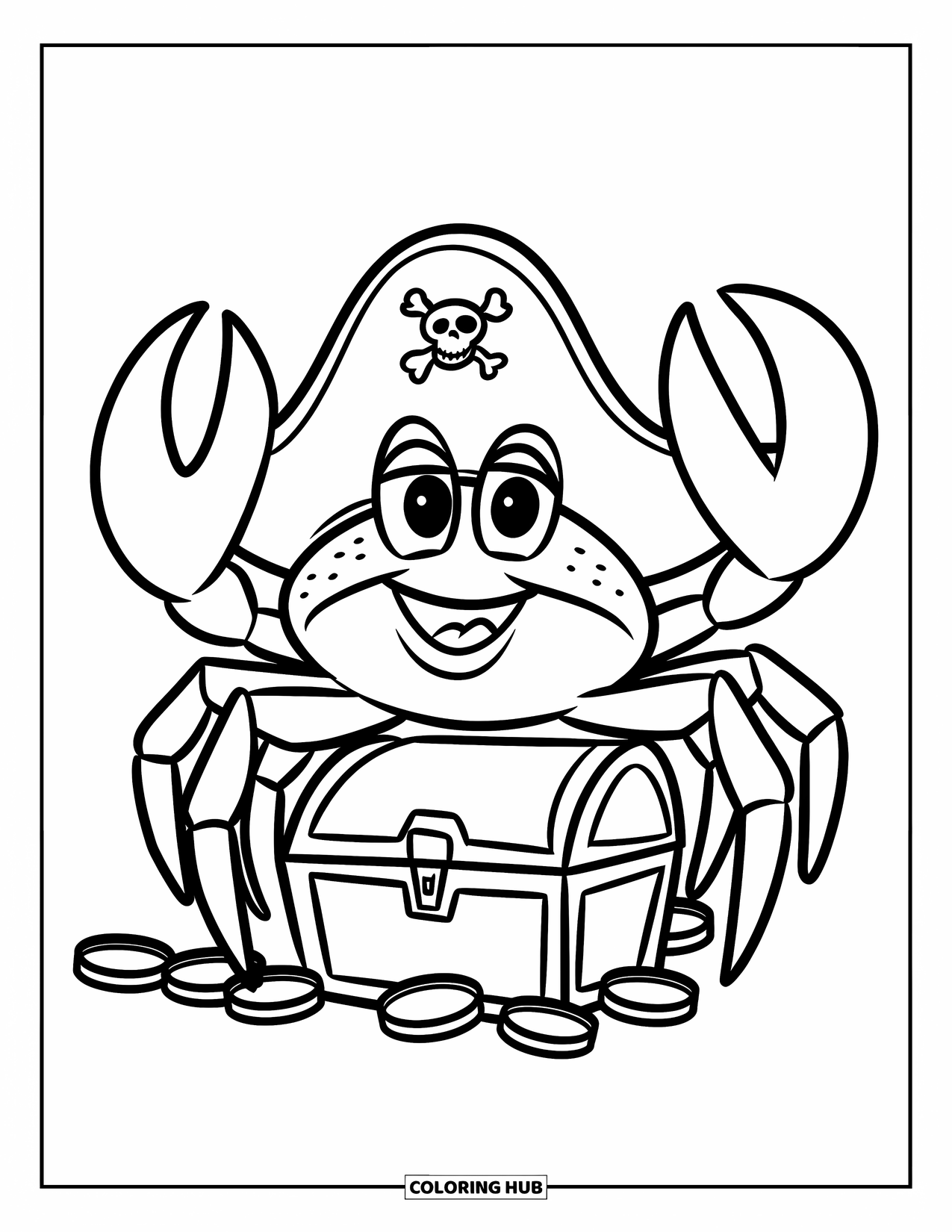 Krabben Ausmalbild für Kinder: Eine grinsende Krabbe mit Piratenhut steht auf einem Schatz mit Goldmünzen