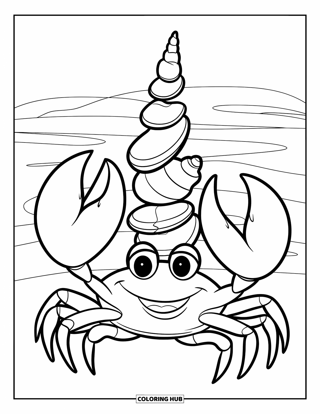 Krabben Ausmalbild für Kinder: Eine glückliche Krabbe balanciert Muscheln auf ihrem Rücken in der Nähe ruhiger Meereswellen