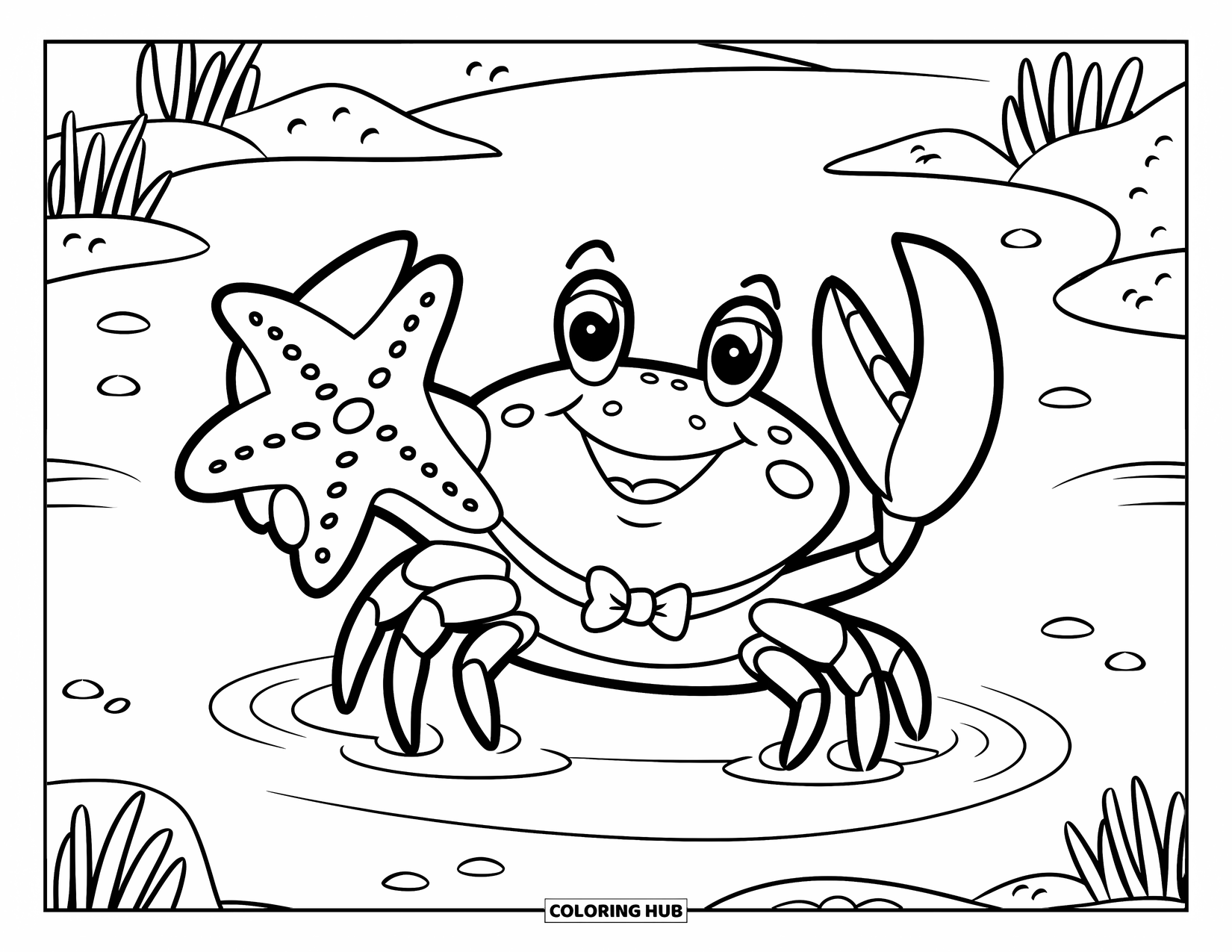 Krabben Ausmalbild für Kinder: Eine glückliche Krabbe mit einer Fliege hält einen Seestern am sandigen Meer