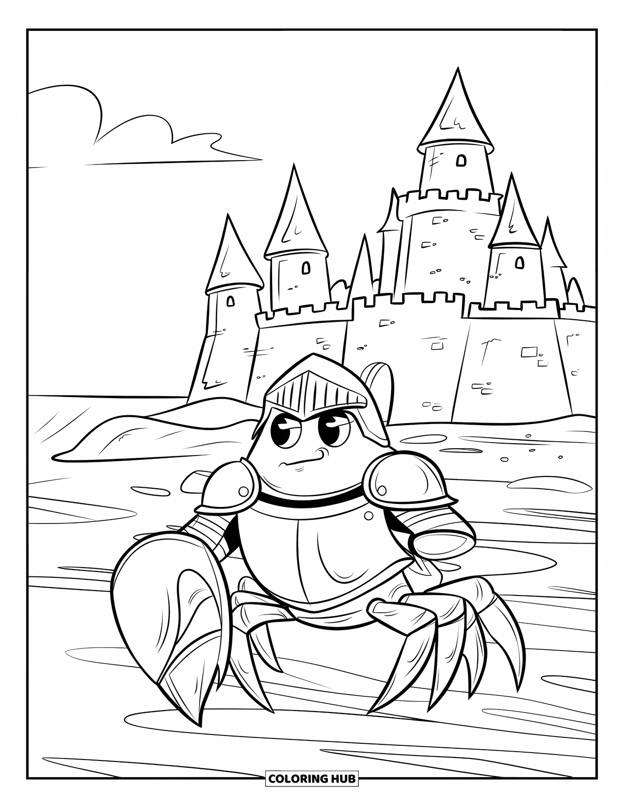 Krabben Ausmalbild für Kinder: Eine heldenhafte Krabbe in glänzender Rüstung schützt eine Sandburg am Meer