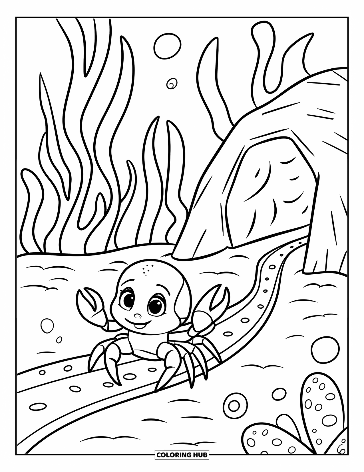 Krabben Ausmalbild für Kinder: Eine kleine Krabbe geht einen gepunkteten Weg zu einem Loch in einem Felsen