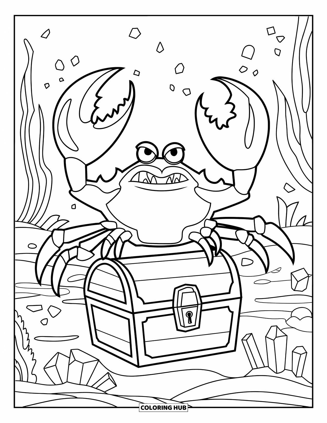 Krabben Ausmalbild für Kinder: Eine mächtige Krabbe posiert auf einem Schatz, während leuchtende Edelsteine um sie herum funkeln