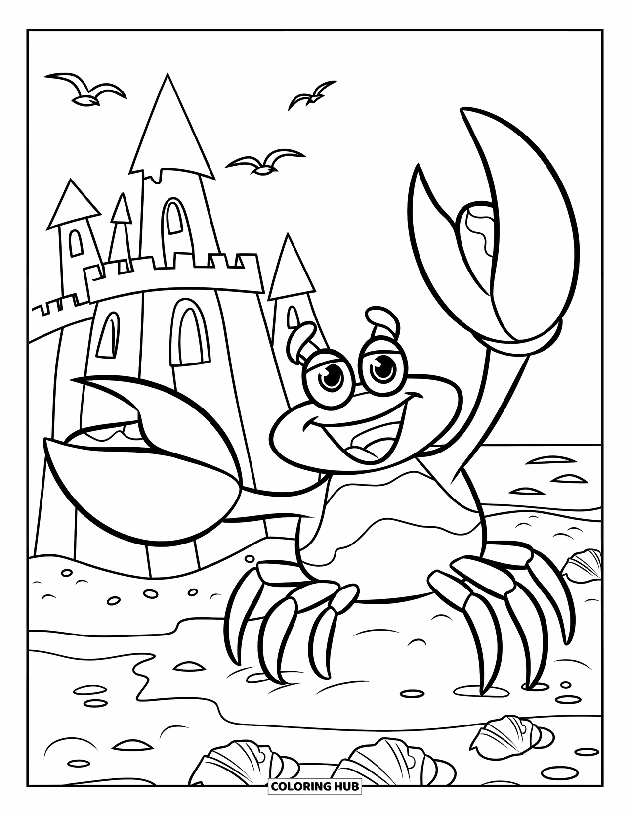 Krabben Ausmalbild für Kinder: Eine stolze Krabbe steht an einem sandigen Turm und lächelt unter einem sonnigen Himmel