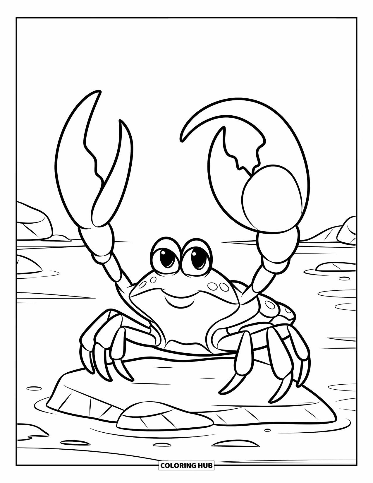 Krabben Ausmalbild für Kinder: Eine stolze Krabbe steht auf einem Felsen mit einer übergroßen Schere in der Luft