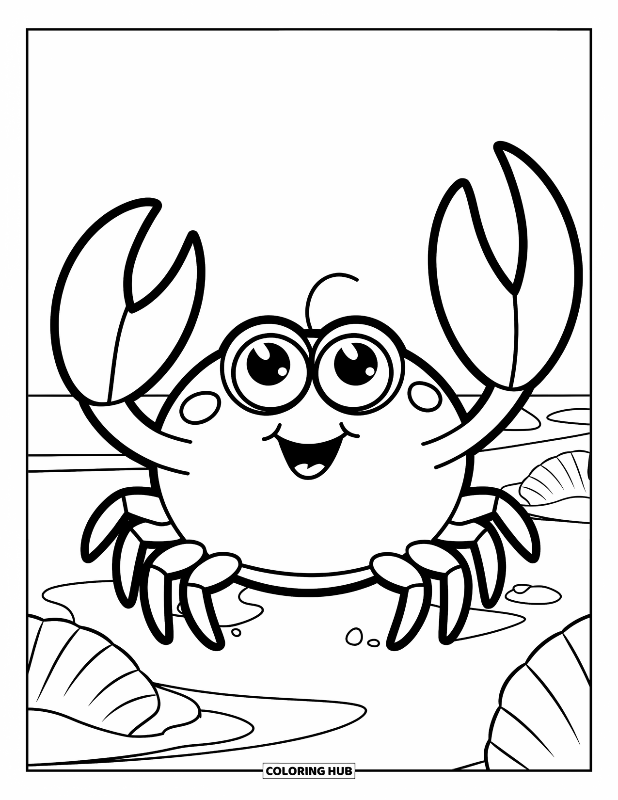 Krabben Ausmalbild für Kinder: Eine runde Krabbe winkt glücklich in einer Strandszene mit Muscheln in der Nähe