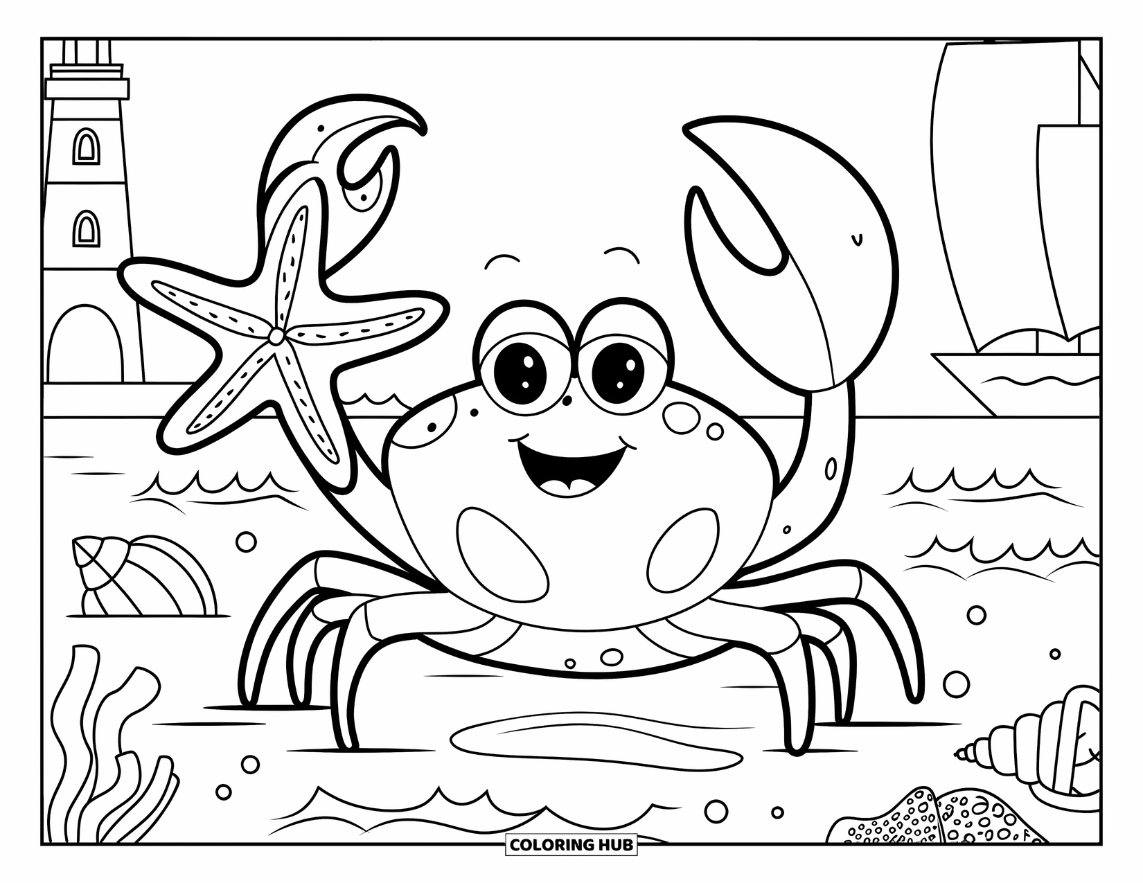 Krabben Ausmalbild für Kinder: Eine lächelnde Krabbe hält einen Seestern im seichten Wasser in der Nähe von Algen und Wellen