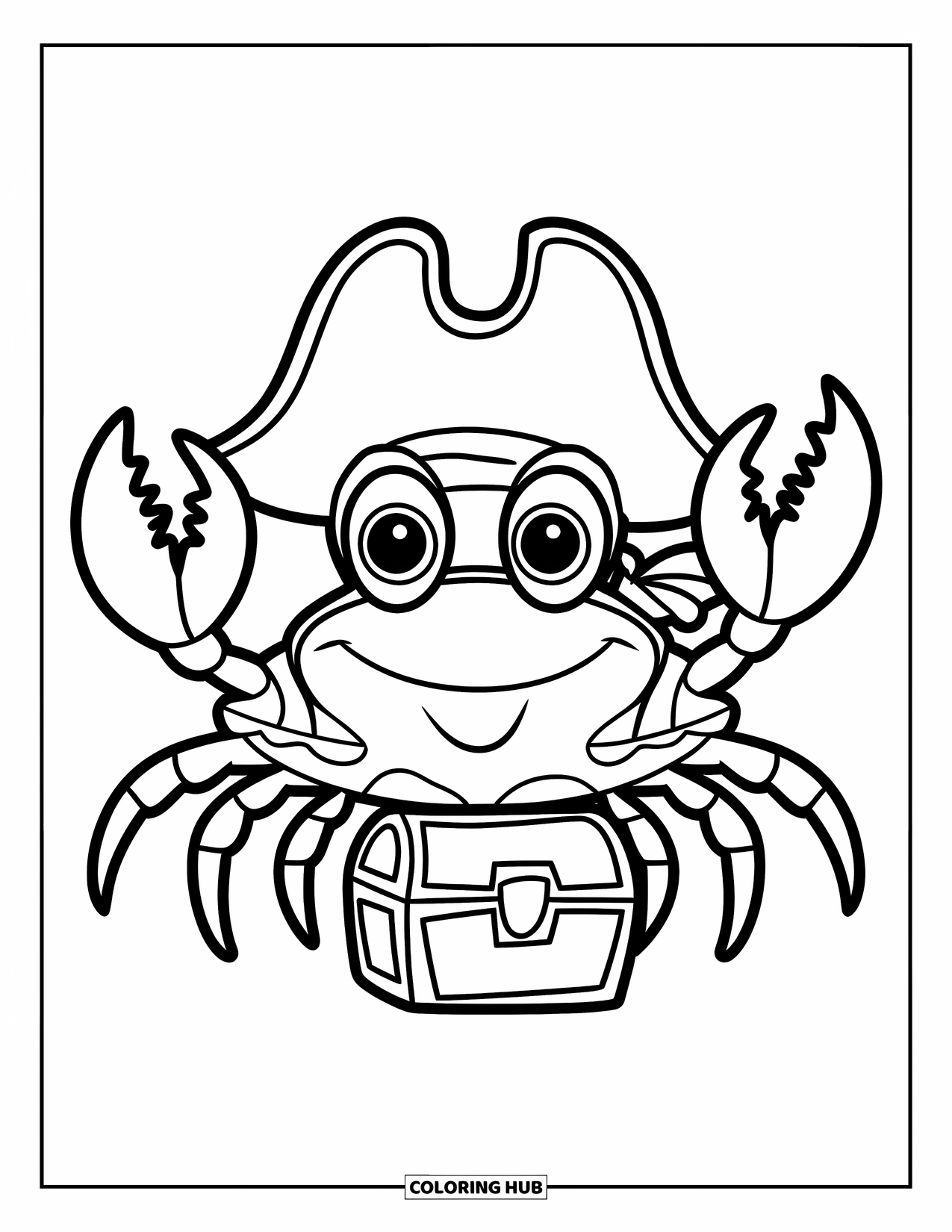 Krabben Ausmalbild für Kinder: Eine lächelnde Krabbe mit Piratenhut balanciert auf einer kleinen Schatztruhe